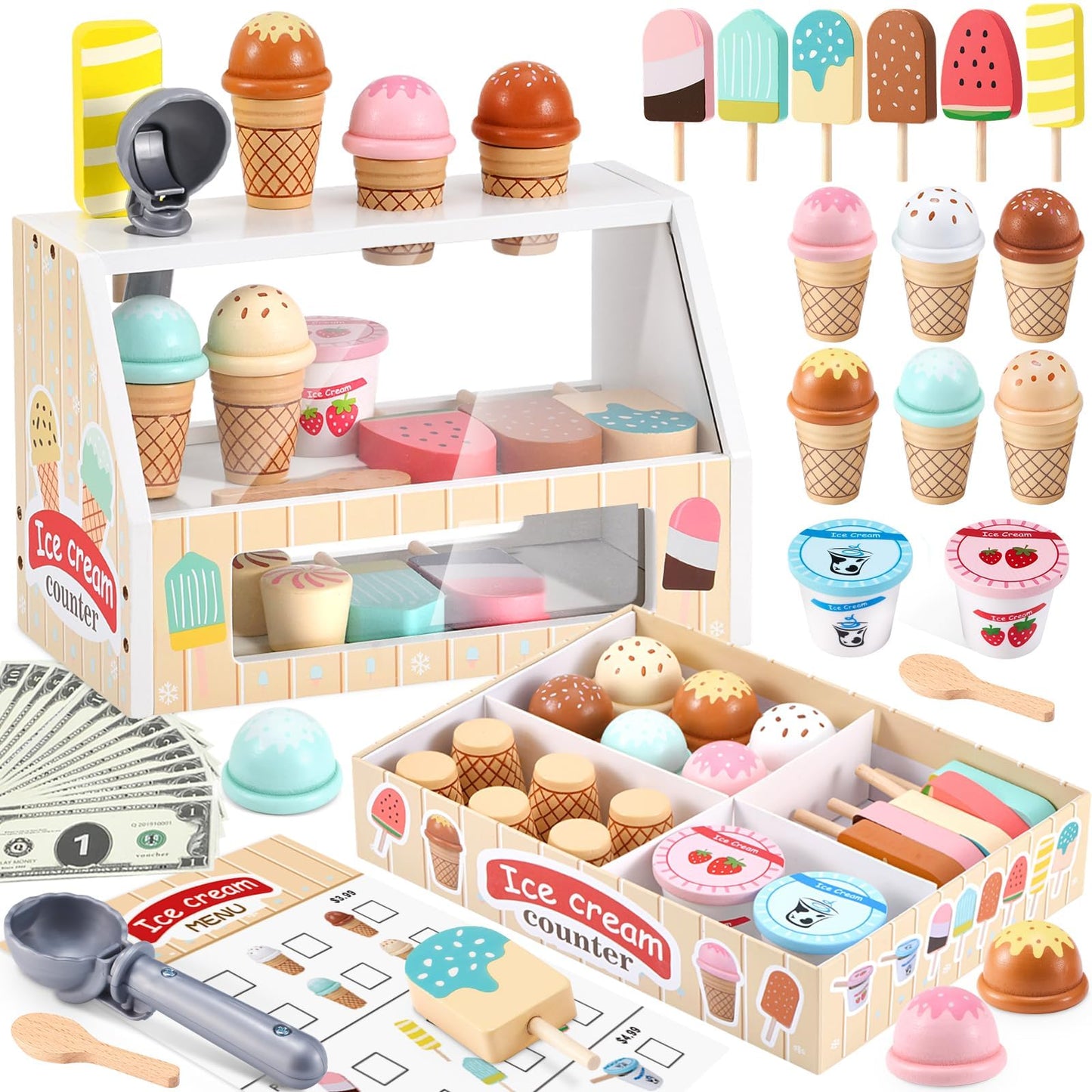 WHOHOLL Wooden Ice Cream Toys – 46-Piece Pretend Play Set for Toddlers (Ages 3–6) – Safe Solid Wood Kitchen Accessories