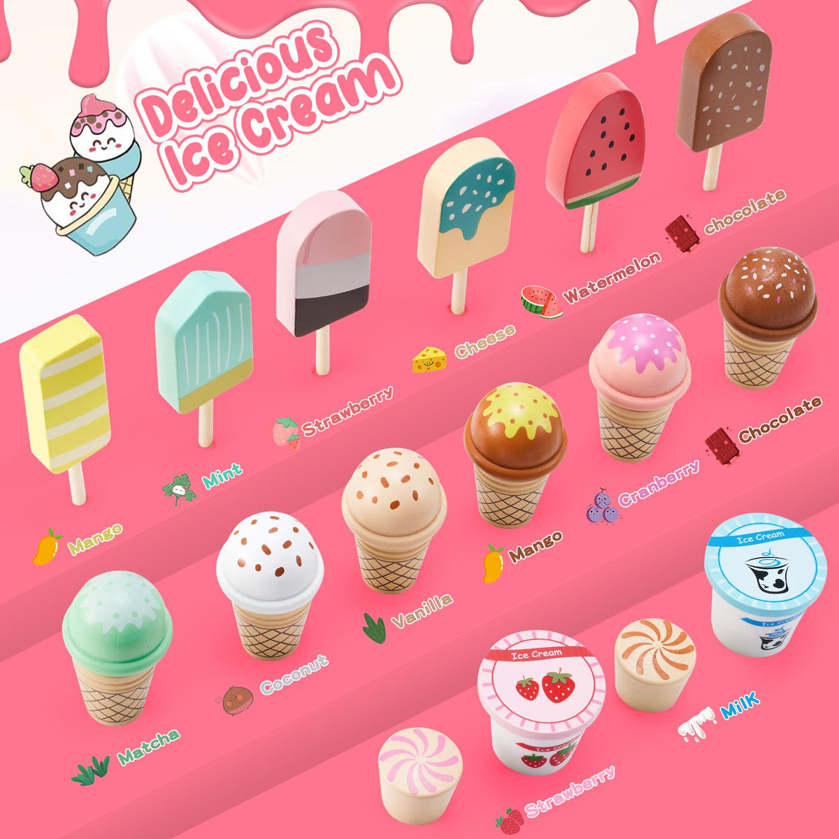 WHOHOLL Wooden Ice Cream Counter Playset – Pink Pretend Store Toy for 3+