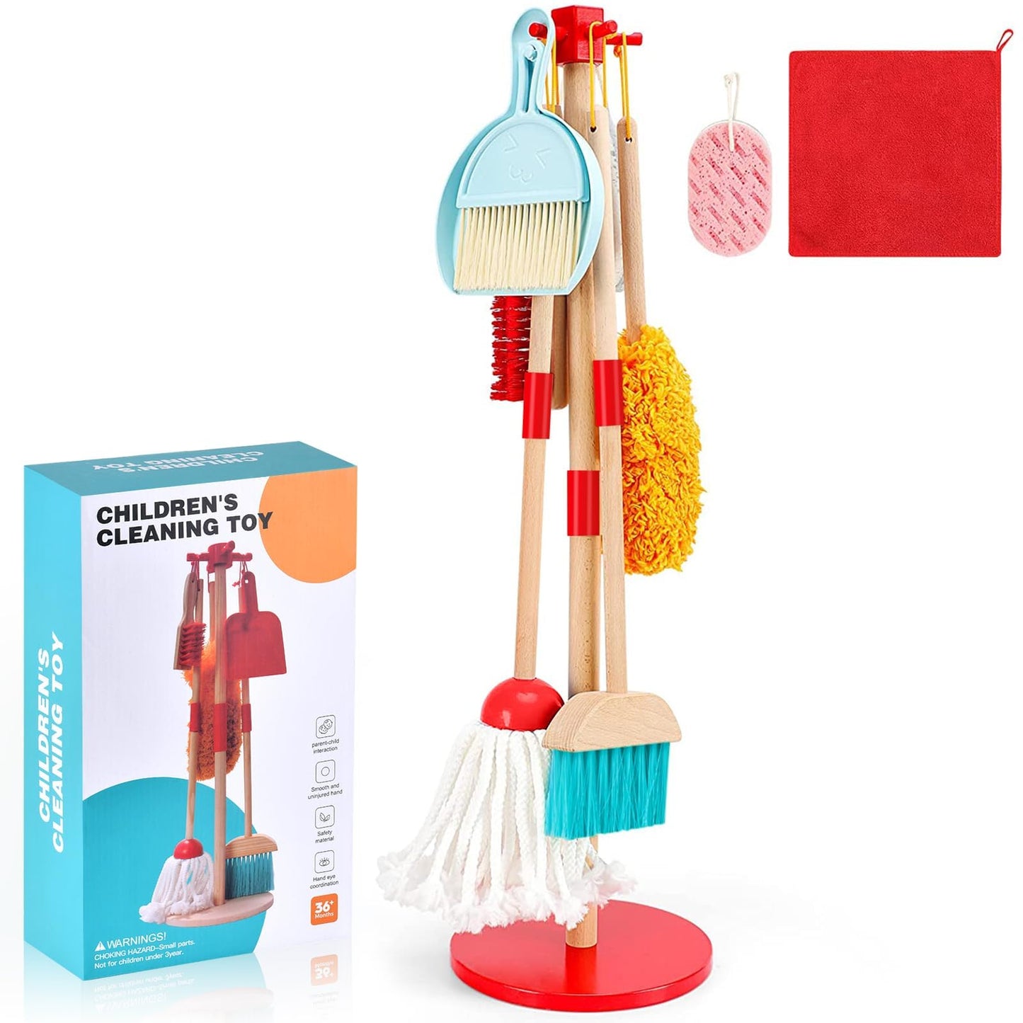 WHOHOLL Wooden Kids Cleaning Toy Set – 9-Piece Toddler Broom & Mop Set for Ages 3-6