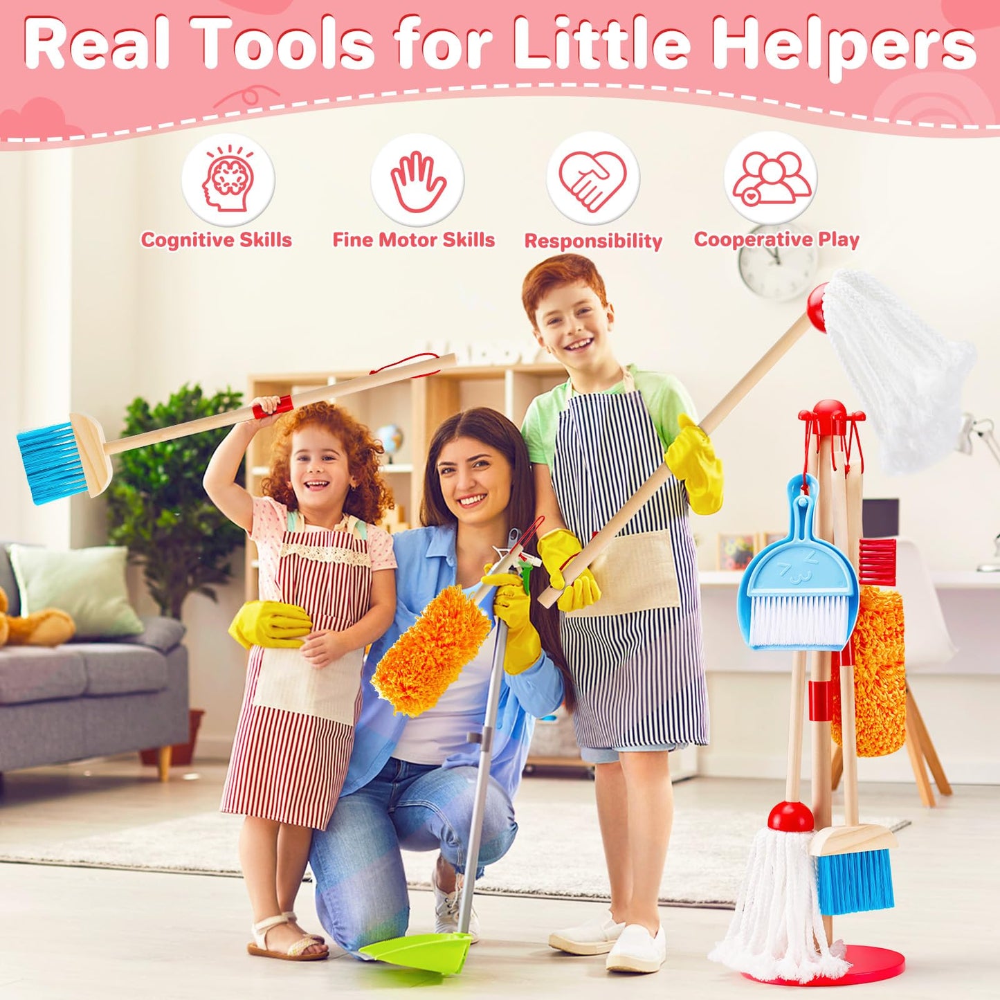 WHOHOLL Wooden Kids Cleaning Toy Set – 9-Piece Toddler Broom & Mop Set for Ages 3-6