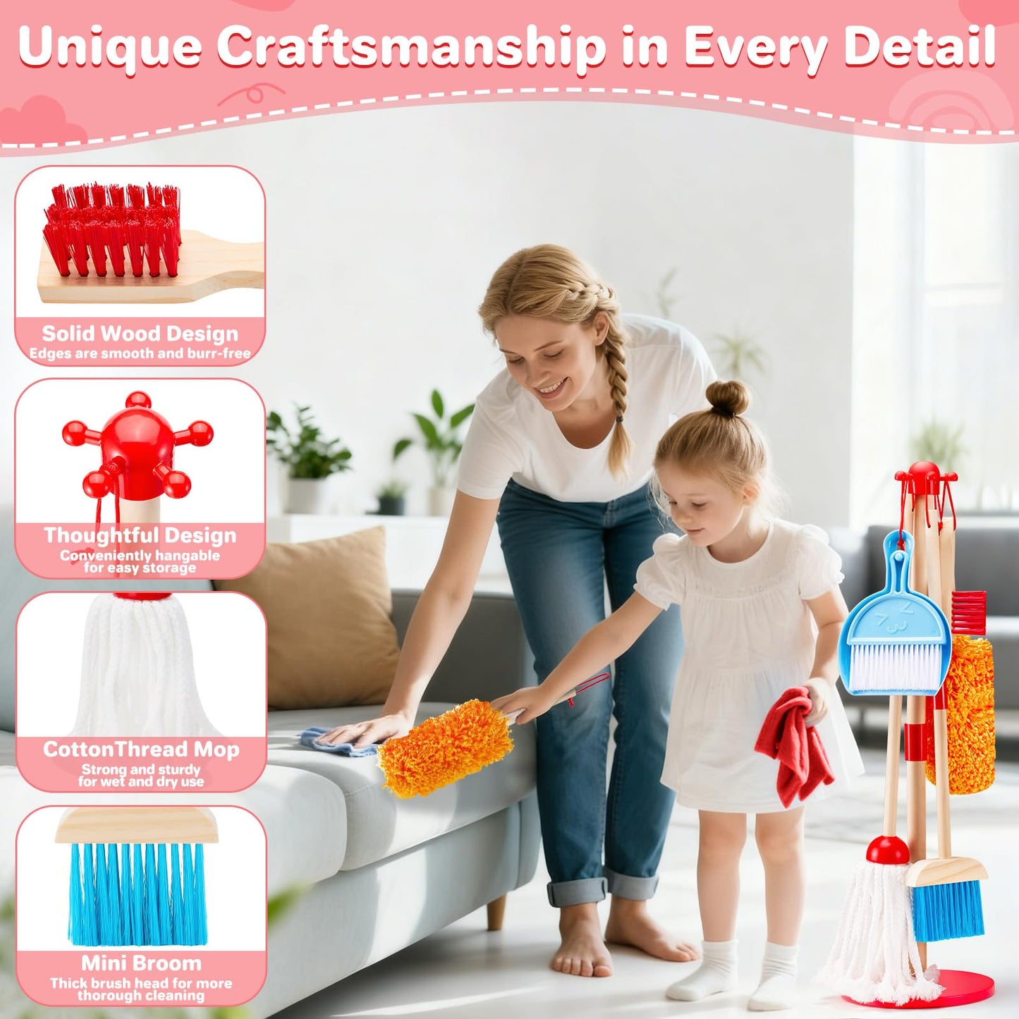 WHOHOLL Wooden Kids Cleaning Toy Set – 9-Piece Toddler Broom & Mop Set for Ages 3-6