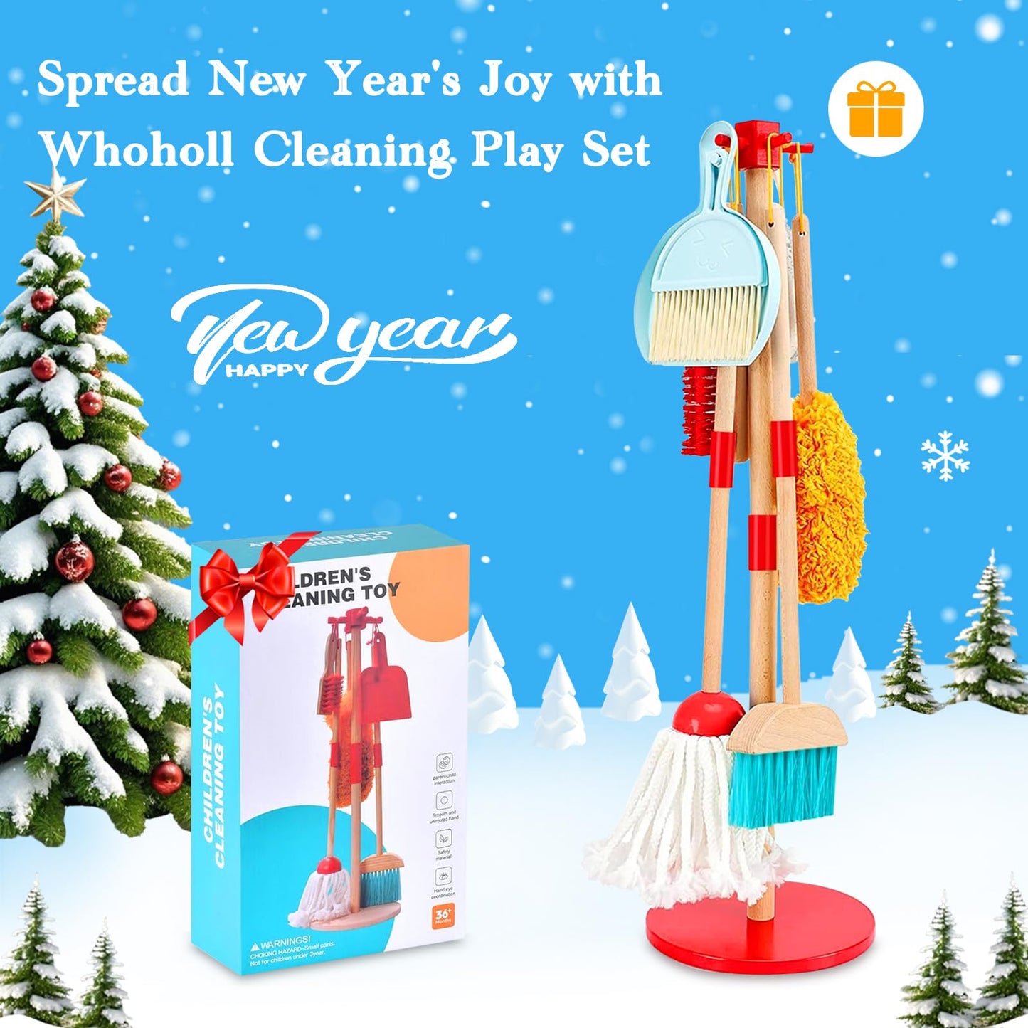 WHOHOLL Wooden Kids Cleaning Toy Set – 9-Piece Toddler Broom & Mop Set for Ages 3-6