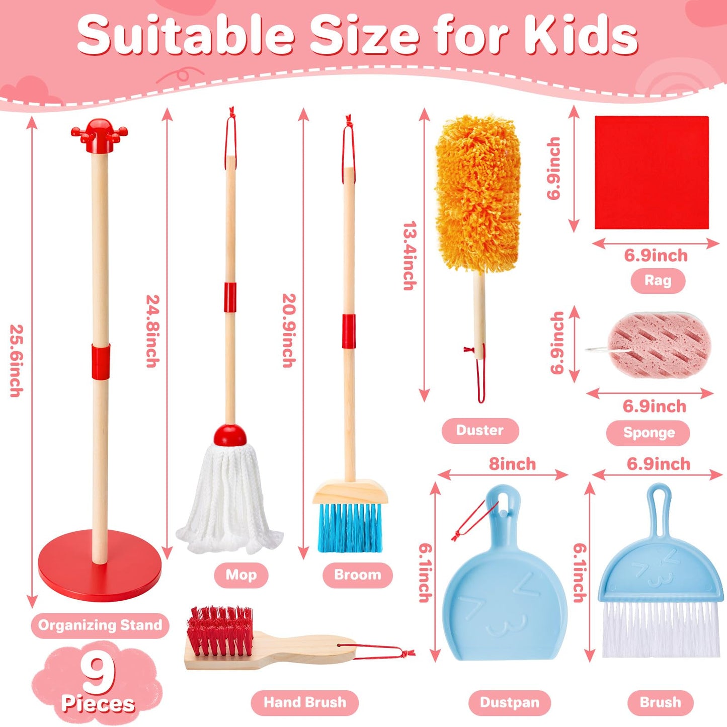 WHOHOLL Wooden Kids Cleaning Toy Set – 9-Piece Toddler Broom & Mop Set for Ages 3-6