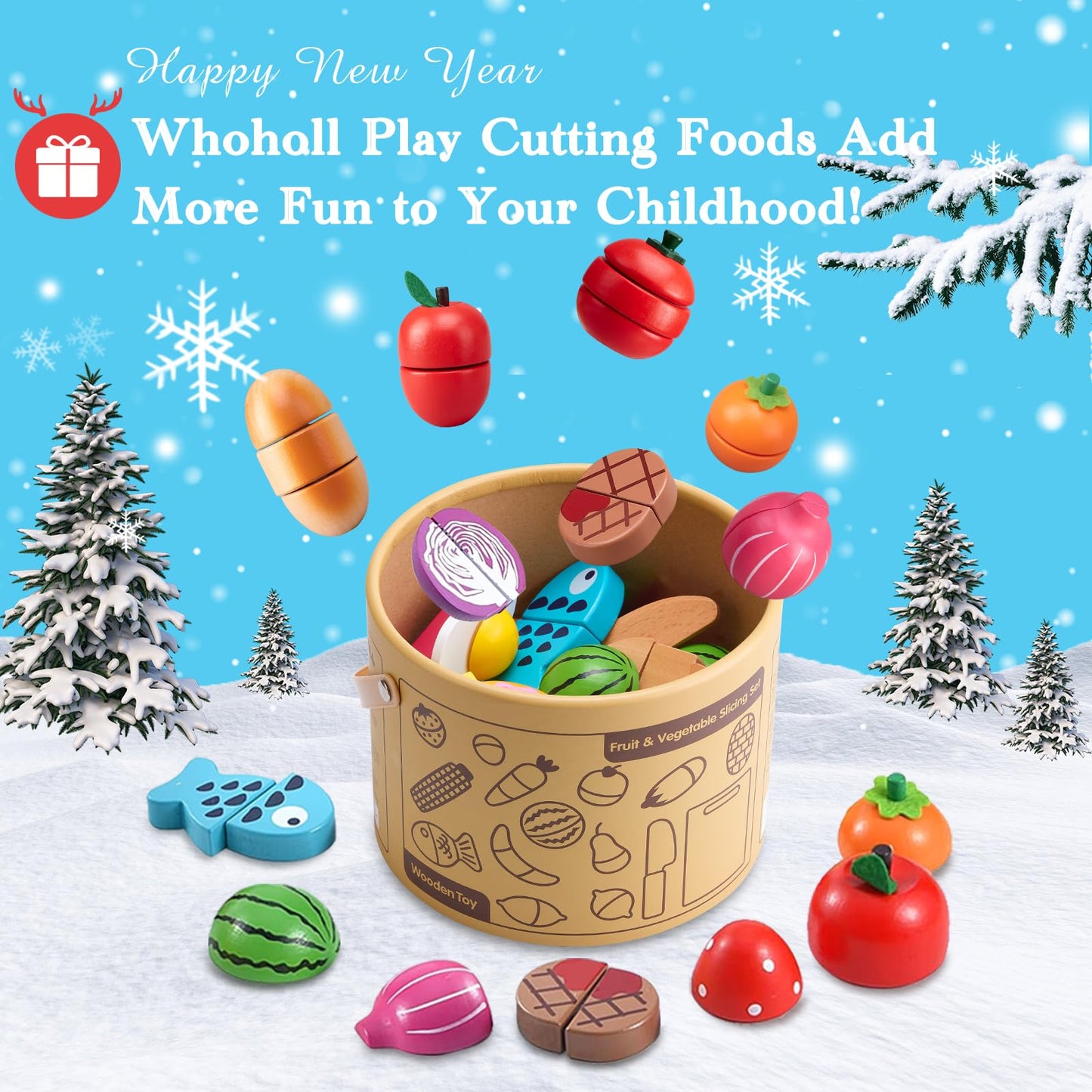 WHOHOLL 43-Piece Wooden Play Food Set | Safe Pretend Kitchen Toys for Ages 3-6