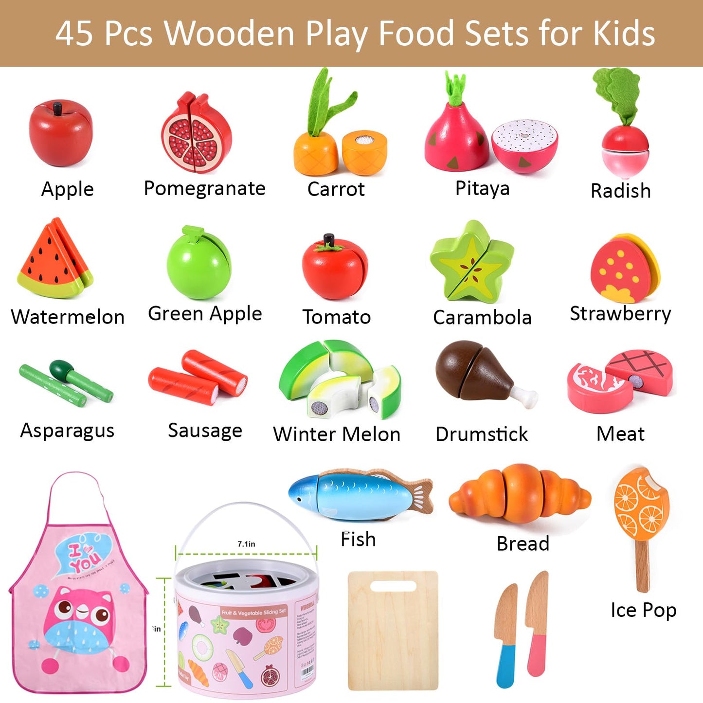 WHOHOLL 45 Pcs Wooden Play Food Toys – Realistic Kitchen Playset with Apron for 3+ Year Olds