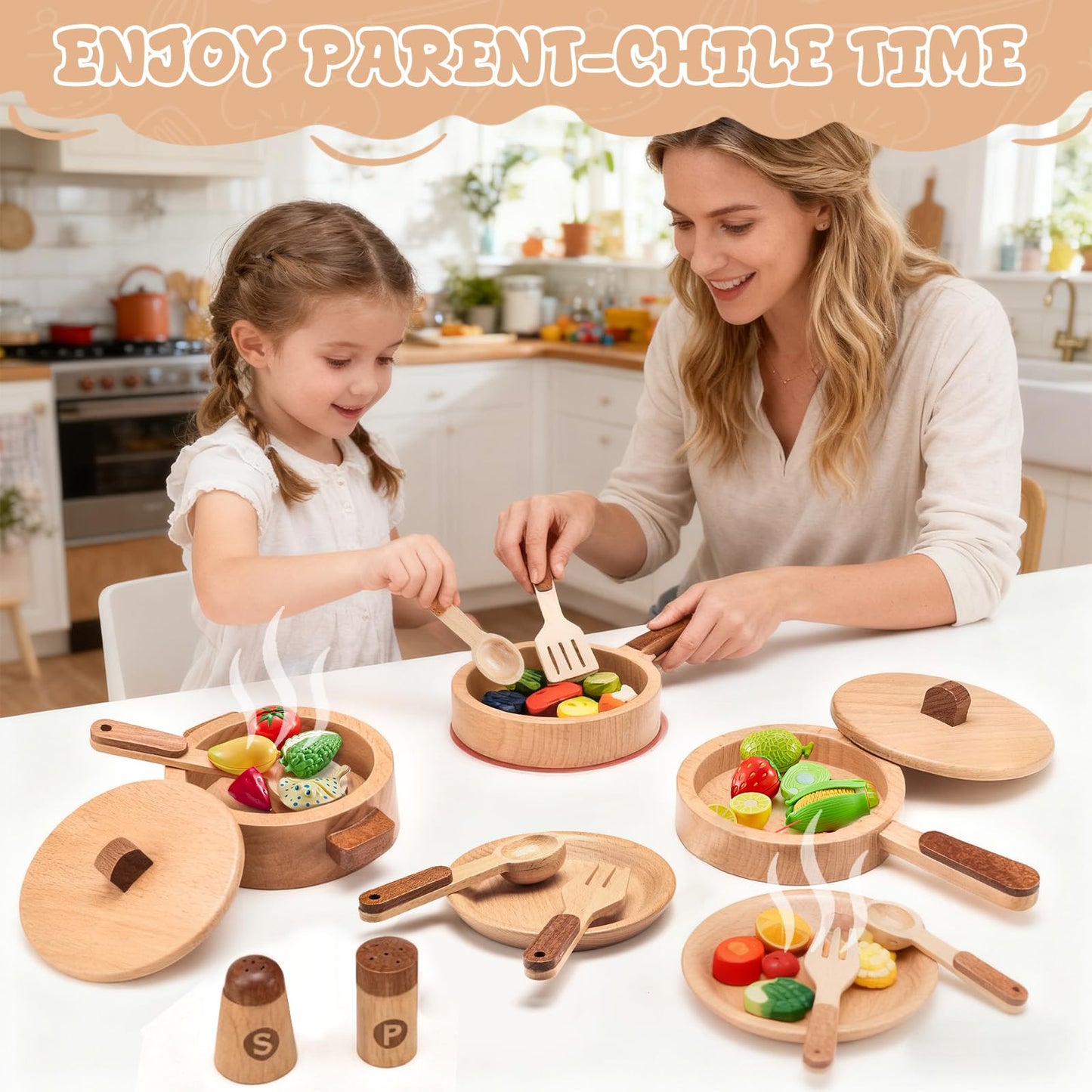 WHOHOLL Wooden Play Cooking Set for Kids 3-6 | Montessori Kitchen Toys with Pots, Pan, Plates & Spices