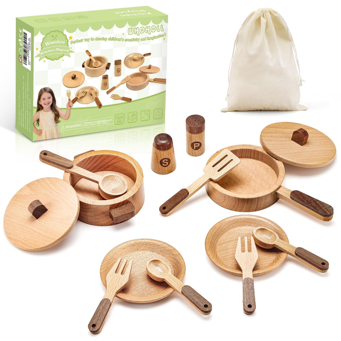WHOHOLL Wooden Play Cooking Set for Kids 3-6 | Montessori Kitchen Toys with Pots, Pan, Plates & Spices