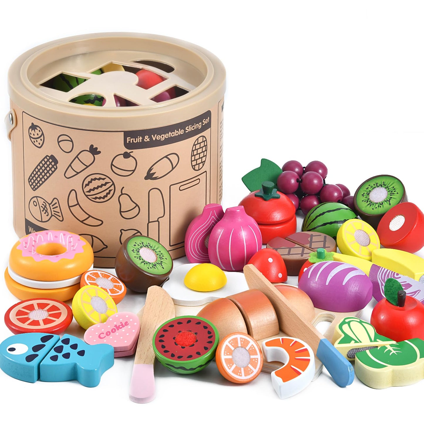 WHOHOLL 43-Piece Wooden Play Food Set | Safe Pretend Kitchen Toys for Ages 3-6