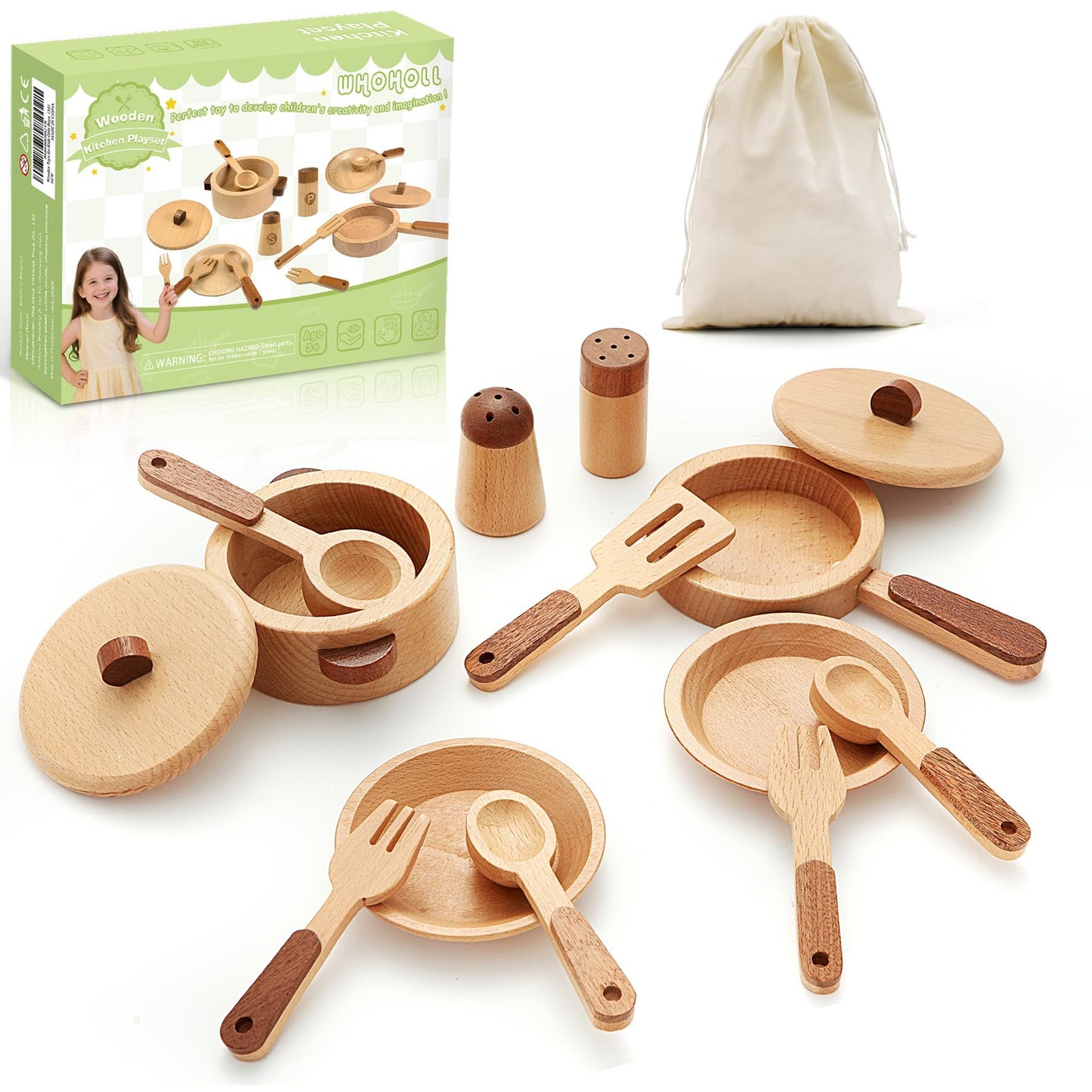 WHOHOLL Wooden Play Kitchen Accessories | Pretend Pots & Pans Set for Toddlers 3–6