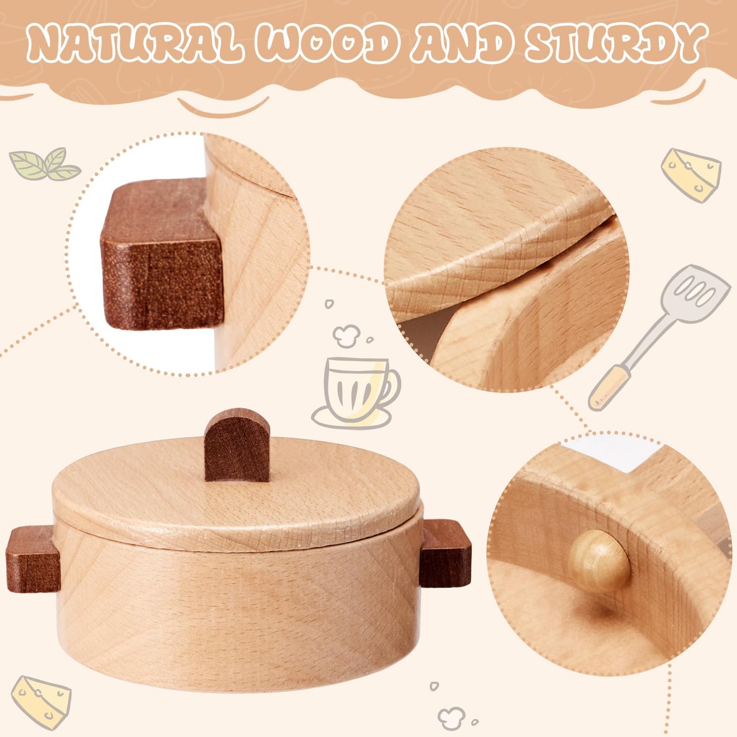 WHOHOLL Wooden Play Cooking Set for Kids 3-6 | Montessori Kitchen Toys with Pots, Pan, Plates & Spices