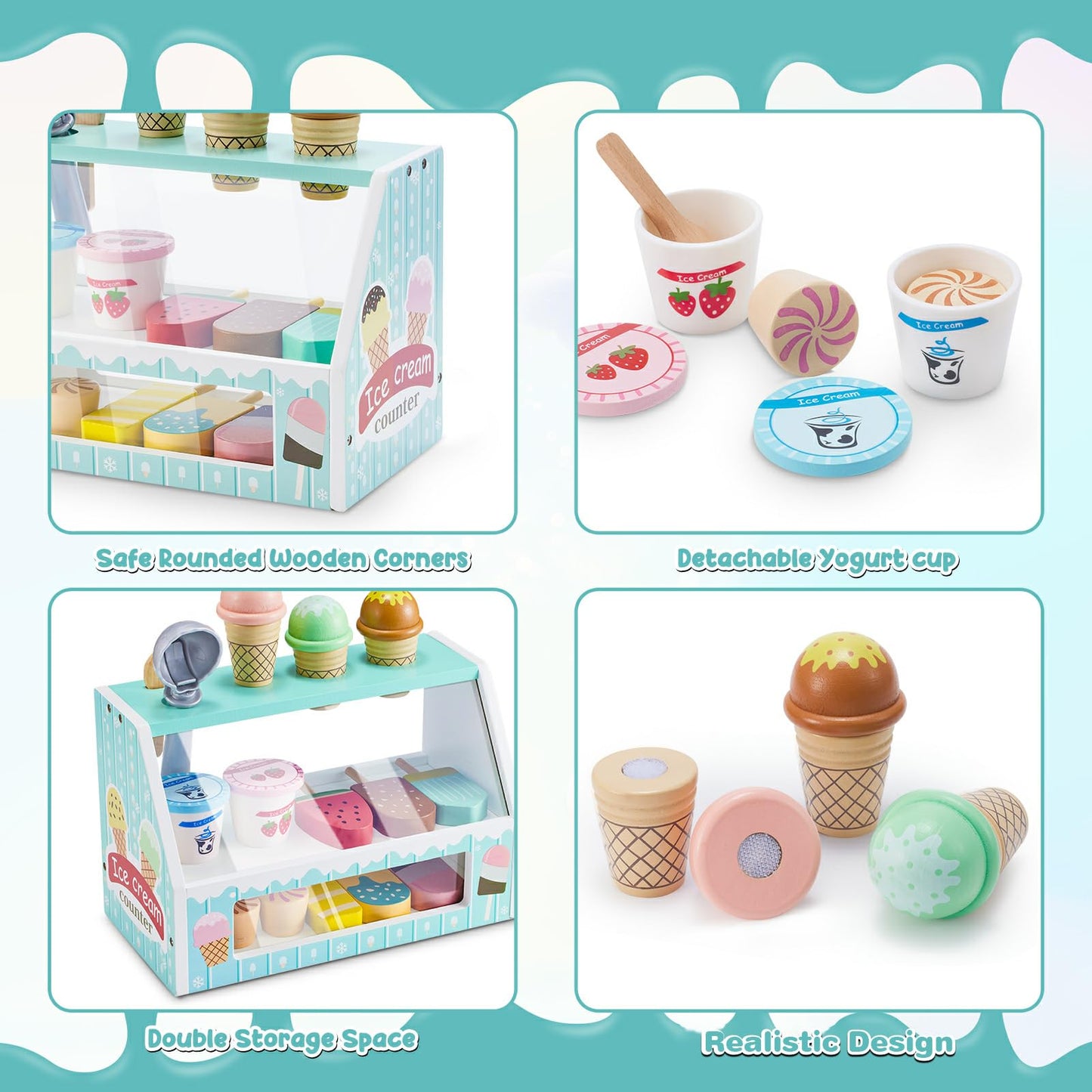 WHOHOLL Wooden Ice Cream Counter Playset – Green Pretend Shop Toy for 3+ Year Olds