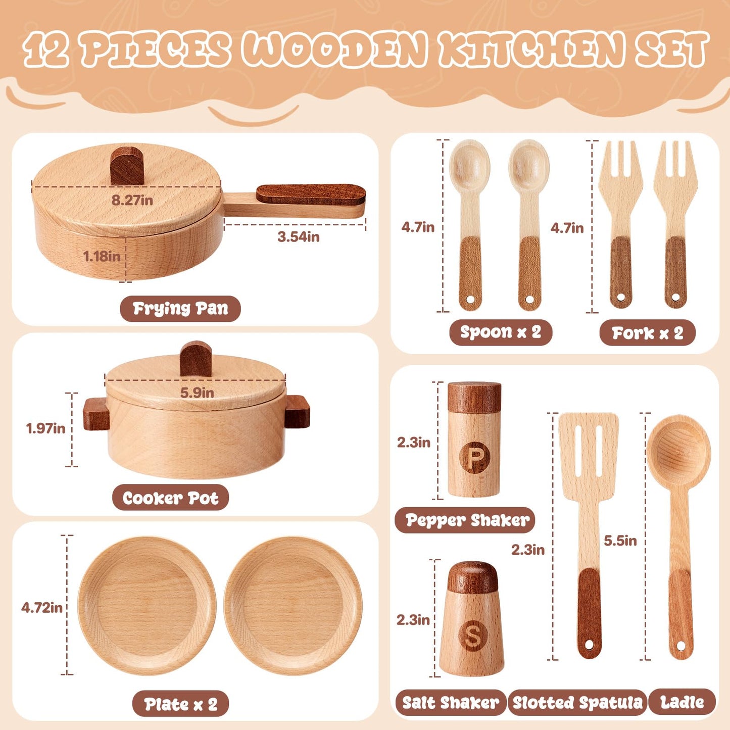 WHOHOLL Wooden Play Cooking Set for Kids 3-6 | Montessori Kitchen Toys with Pots, Pan, Plates & Spices