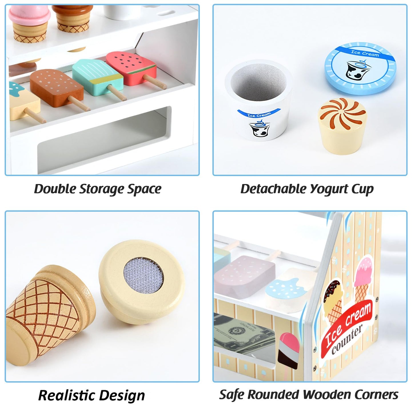 WHOHOLL Wooden Ice Cream Toys – 46-Piece Pretend Play Set for Toddlers (Ages 3–6) – Safe Solid Wood Kitchen Accessories