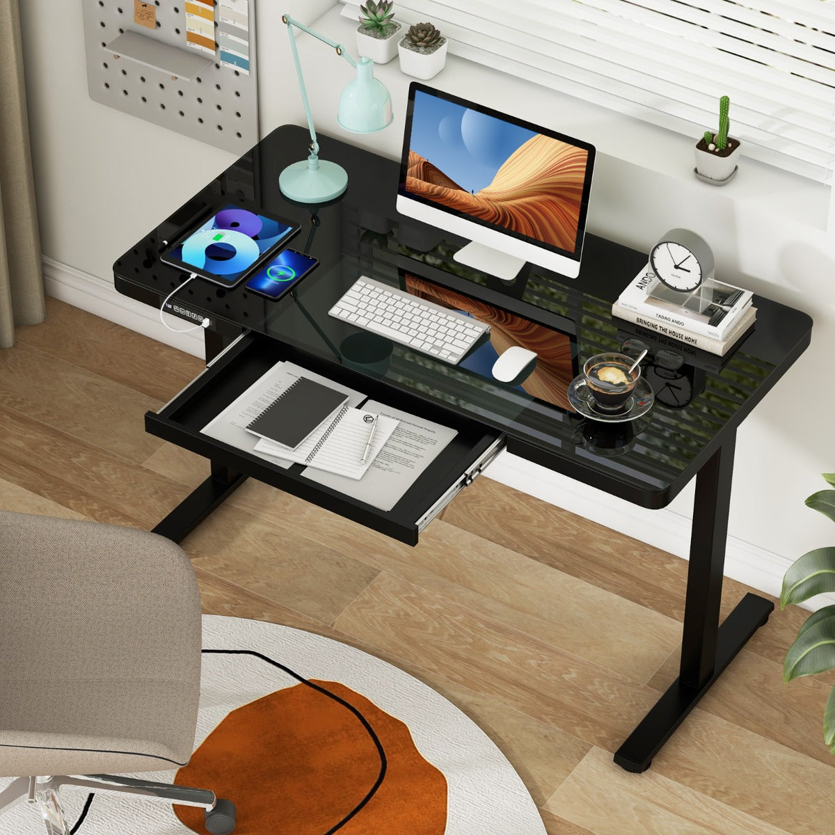 120 x 60 CM Whole-Piece Glass Standing Desk with Drawers, Height Adjustable Desk, Electric Stand up Desk with Writable Tempered Glass Top, USB Type-C Outlets, Memory Presets, Home Office Sit Stand Desk -Black