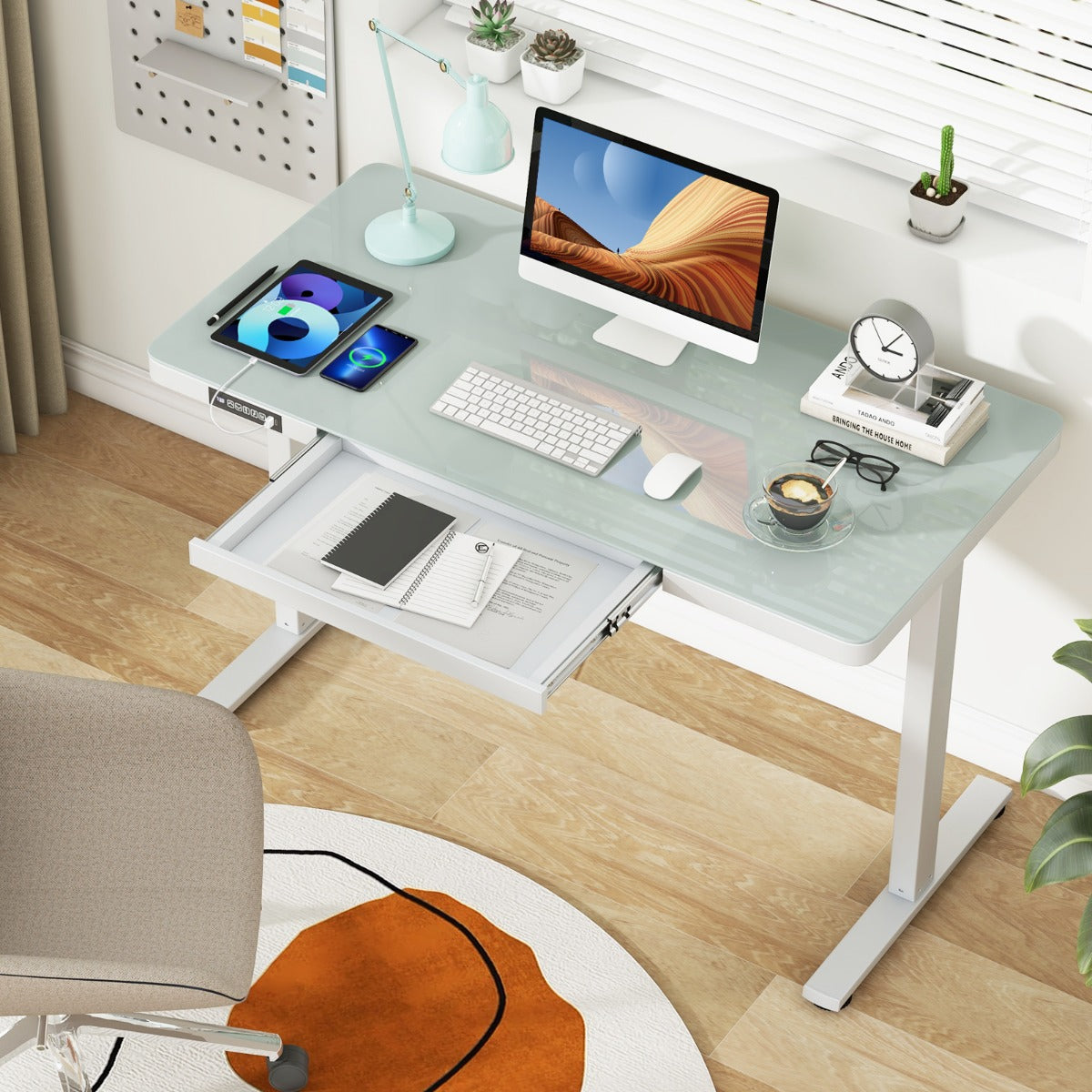 120 x 60 CM Whole-Piece Glass Standing Desk with Drawers, Height Adjustable Desk, Electric Stand up Desk with Writable Tempered Glass Top, USB Type-C Outlets, Memory Presets, Home Office Sit Stand Desk -Black