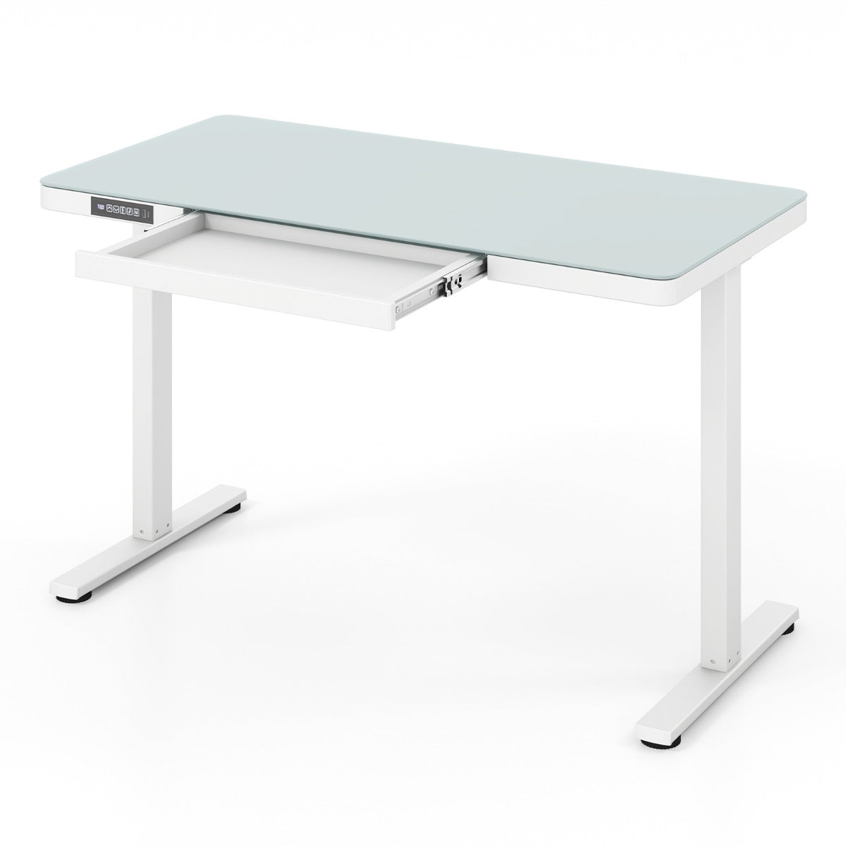 120 x 60 CM Whole-Piece Glass Standing Desk with Drawers, Height Adjustable Desk, Electric Stand up Desk with Writable Tempered Glass Top, USB Type-C Outlets, Memory Presets, Home Office Sit Stand Desk -Black