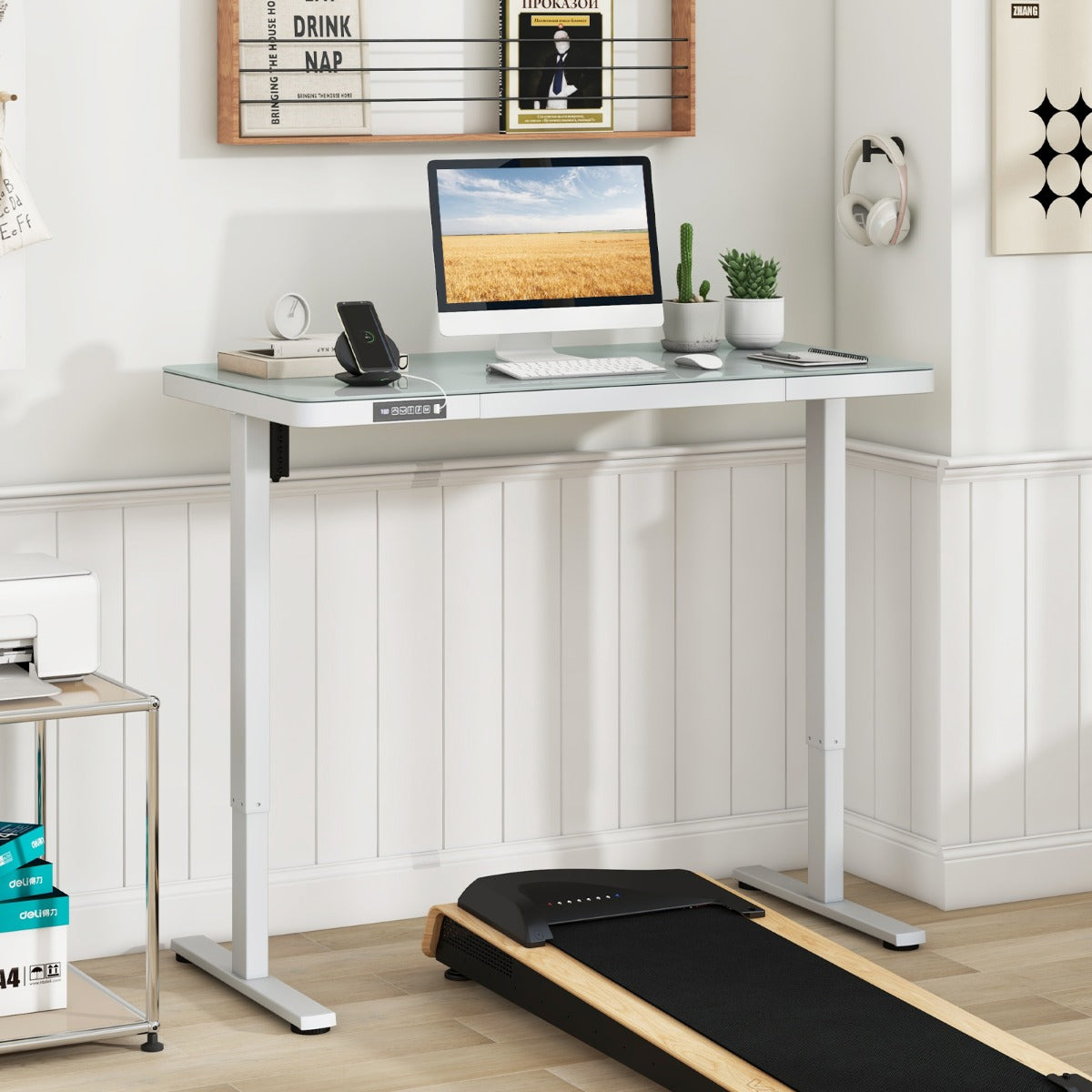 120 x 60 CM Whole-Piece Glass Standing Desk with Drawers, Height Adjustable Desk, Electric Stand up Desk with Writable Tempered Glass Top, USB Type-C Outlets, Memory Presets, Home Office Sit Stand Desk -Black
