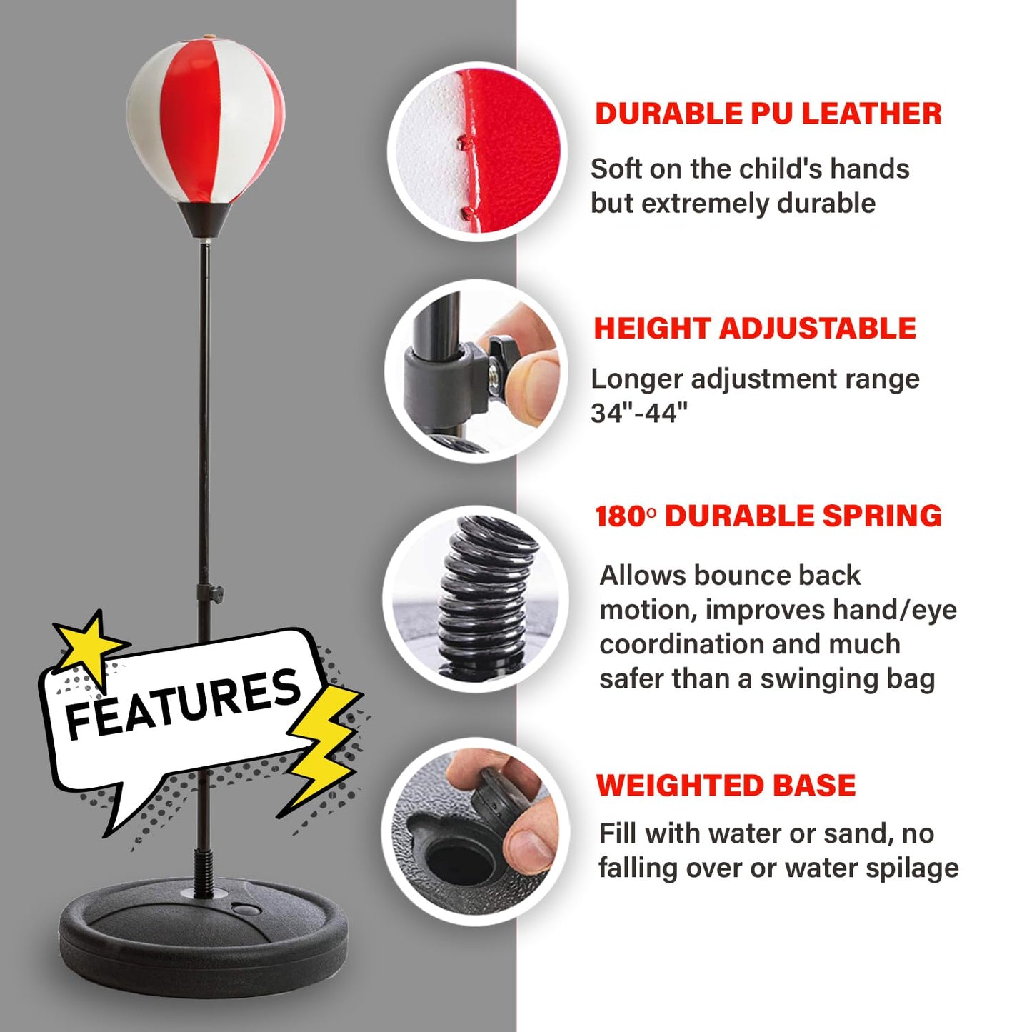 Whoobli Kids Punching Bag with Stand & Gloves | Adjustable 34–44 in