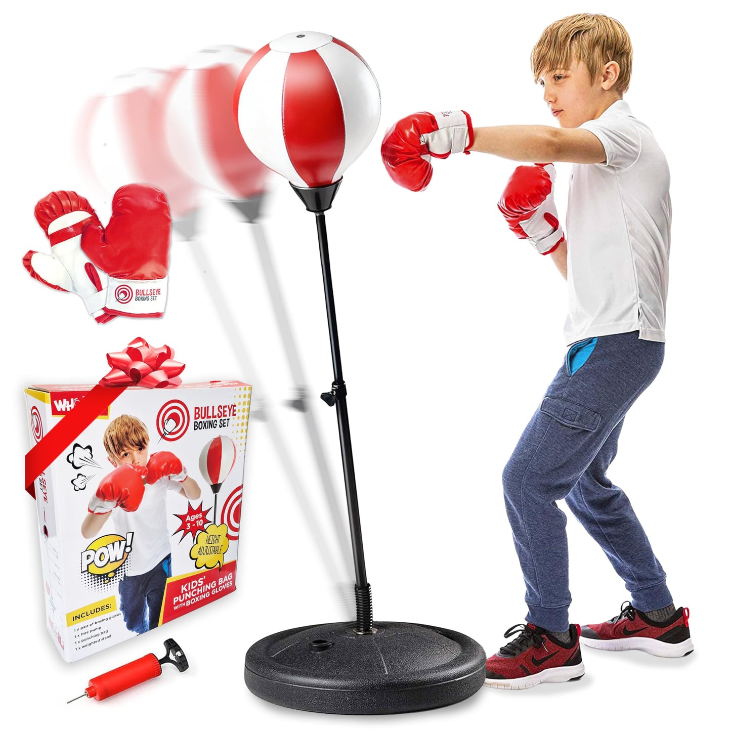 Whoobli Kids Punching Bag with Stand & Gloves | Adjustable 34–44 in