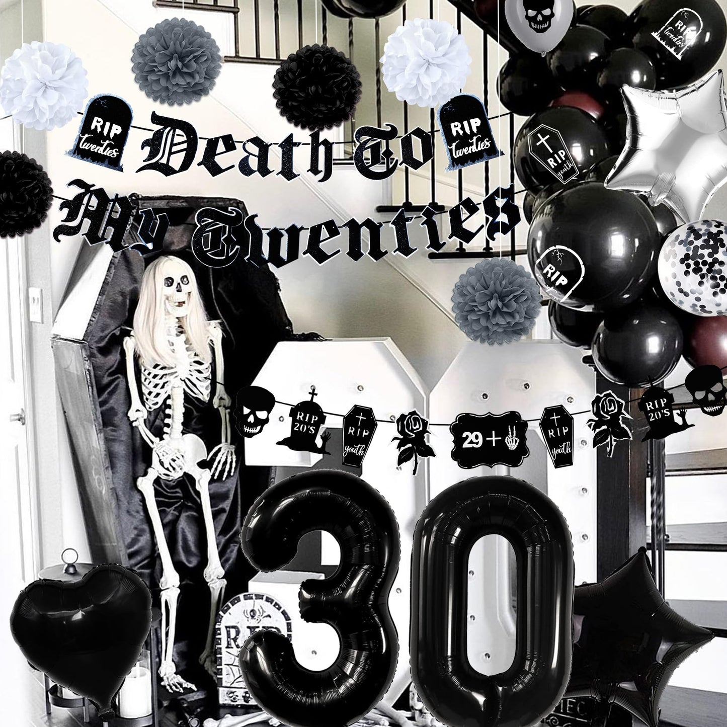 WHYMEO 30th Birthday Decorations Pack – Death to My 20s Party Kit with Banner, Sash, Balloons & Toppers