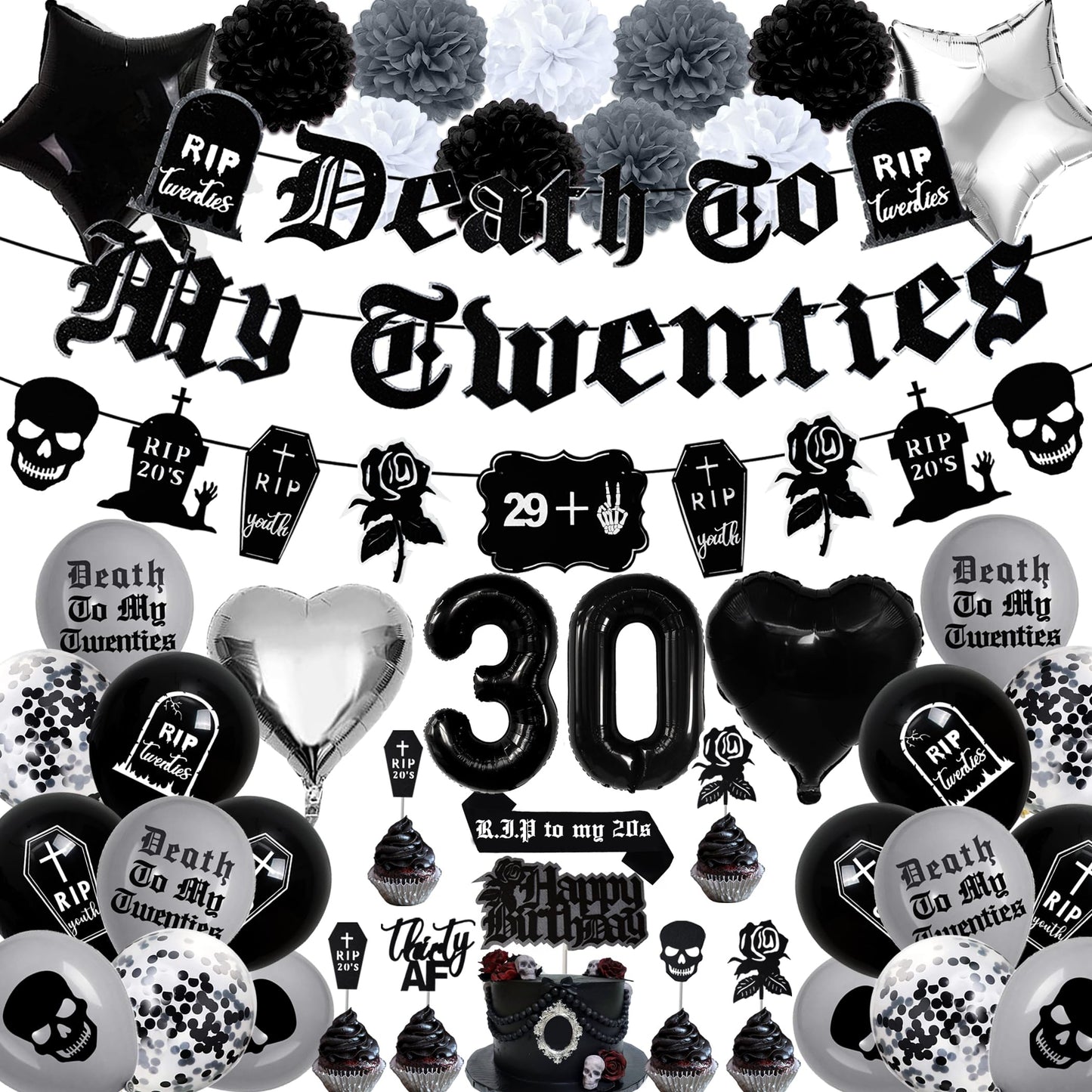 WHYMEO 30th Birthday Decorations Pack – Death to My 20s Party Kit with Banner, Sash, Balloons & Toppers