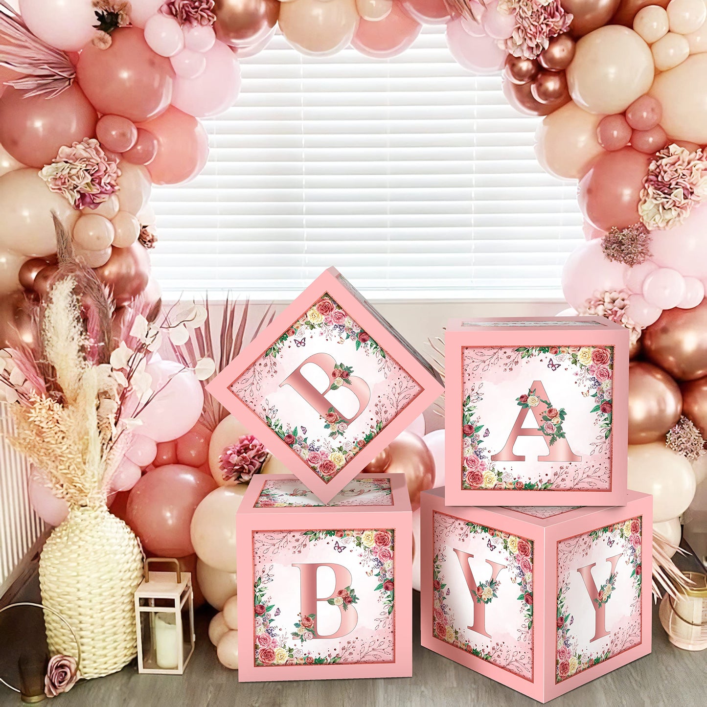 WHYMEO Floral Baby Shower Box – Pink Centerpiece & Rose Gold Blocks for Girls