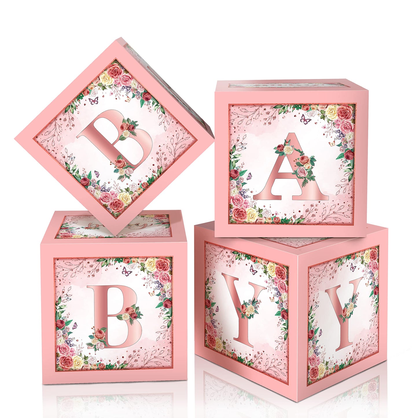 WHYMEO Floral Baby Shower Box – Pink Centerpiece & Rose Gold Blocks for Girls