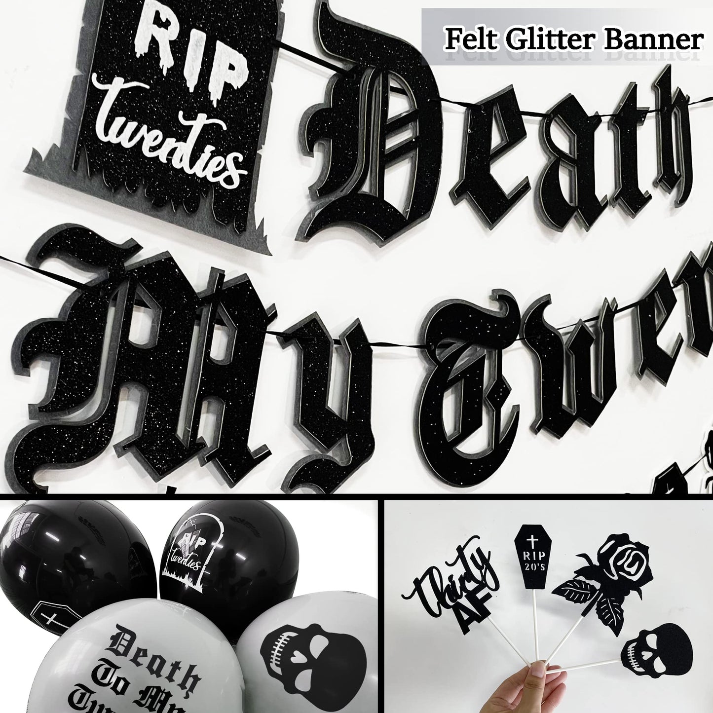 WHYMEO 30th Birthday Decorations Pack – Death to My 20s Party Kit with Banner, Sash, Balloons & Toppers