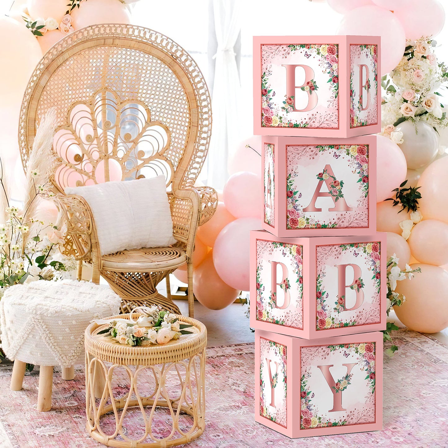 WHYMEO Floral Baby Shower Box – Pink Centerpiece & Rose Gold Blocks for Girls