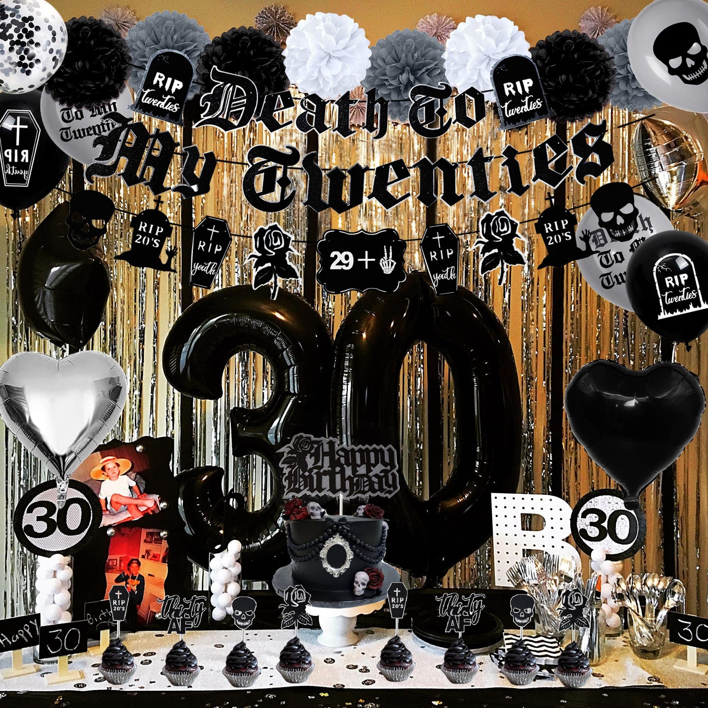 WHYMEO 30th Birthday Decorations Pack – Death to My 20s Party Kit with Banner, Sash, Balloons & Toppers