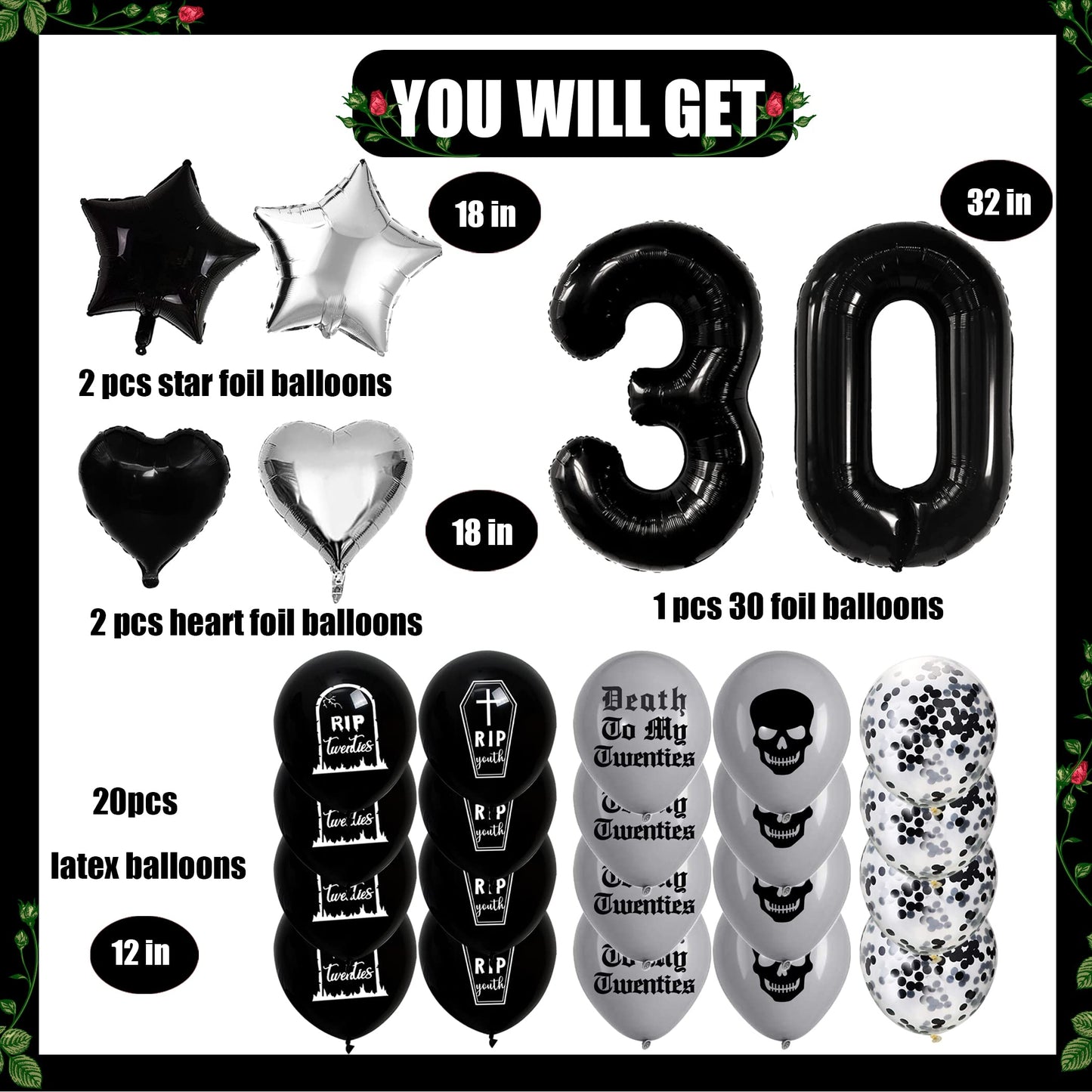 WHYMEO 30th Birthday Decorations Pack – Death to My 20s Party Kit with Banner, Sash, Balloons & Toppers