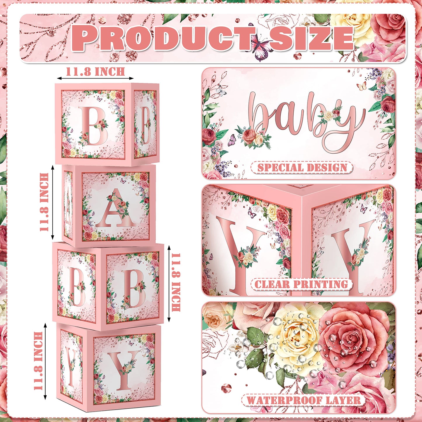 WHYMEO Floral Baby Shower Box – Pink Centerpiece & Rose Gold Blocks for Girls