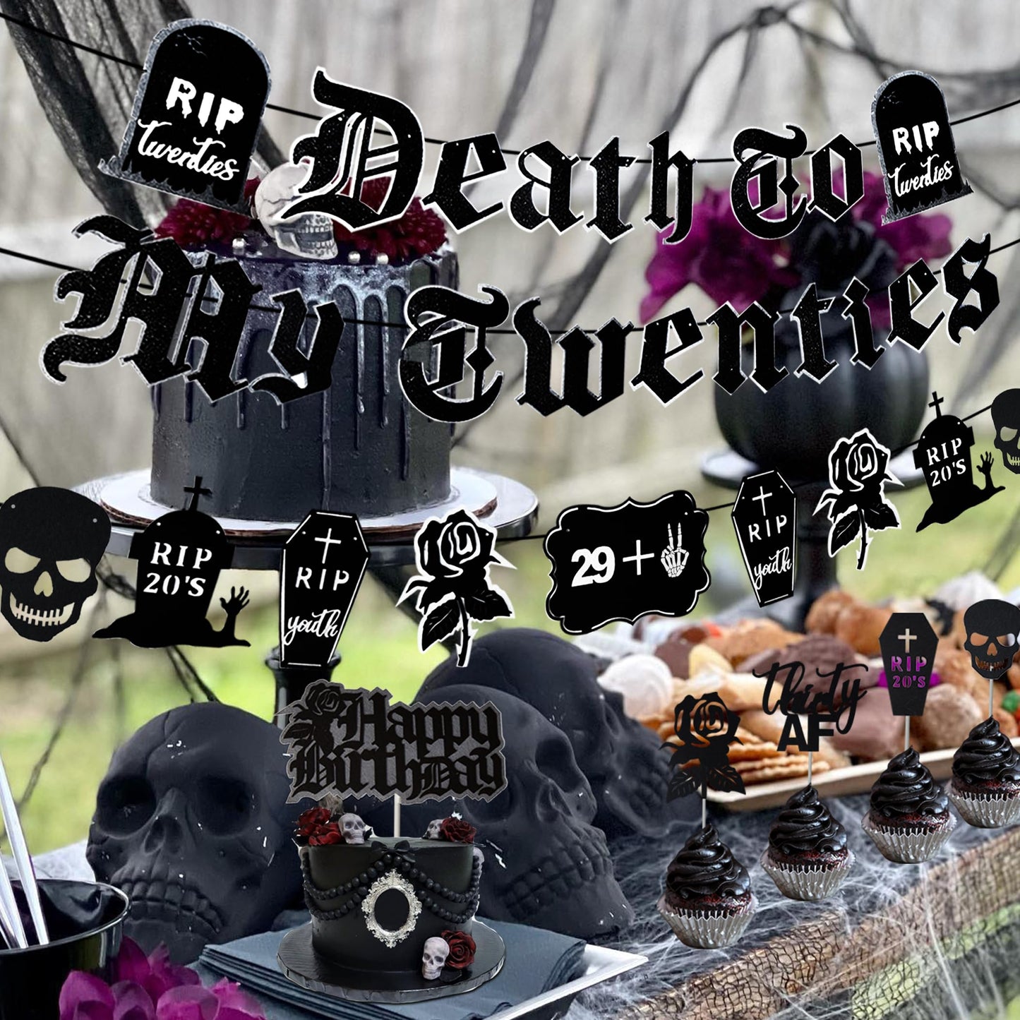 WHYMEO 30th Birthday Decorations Pack – Death to My 20s Party Kit with Banner, Sash, Balloons & Toppers