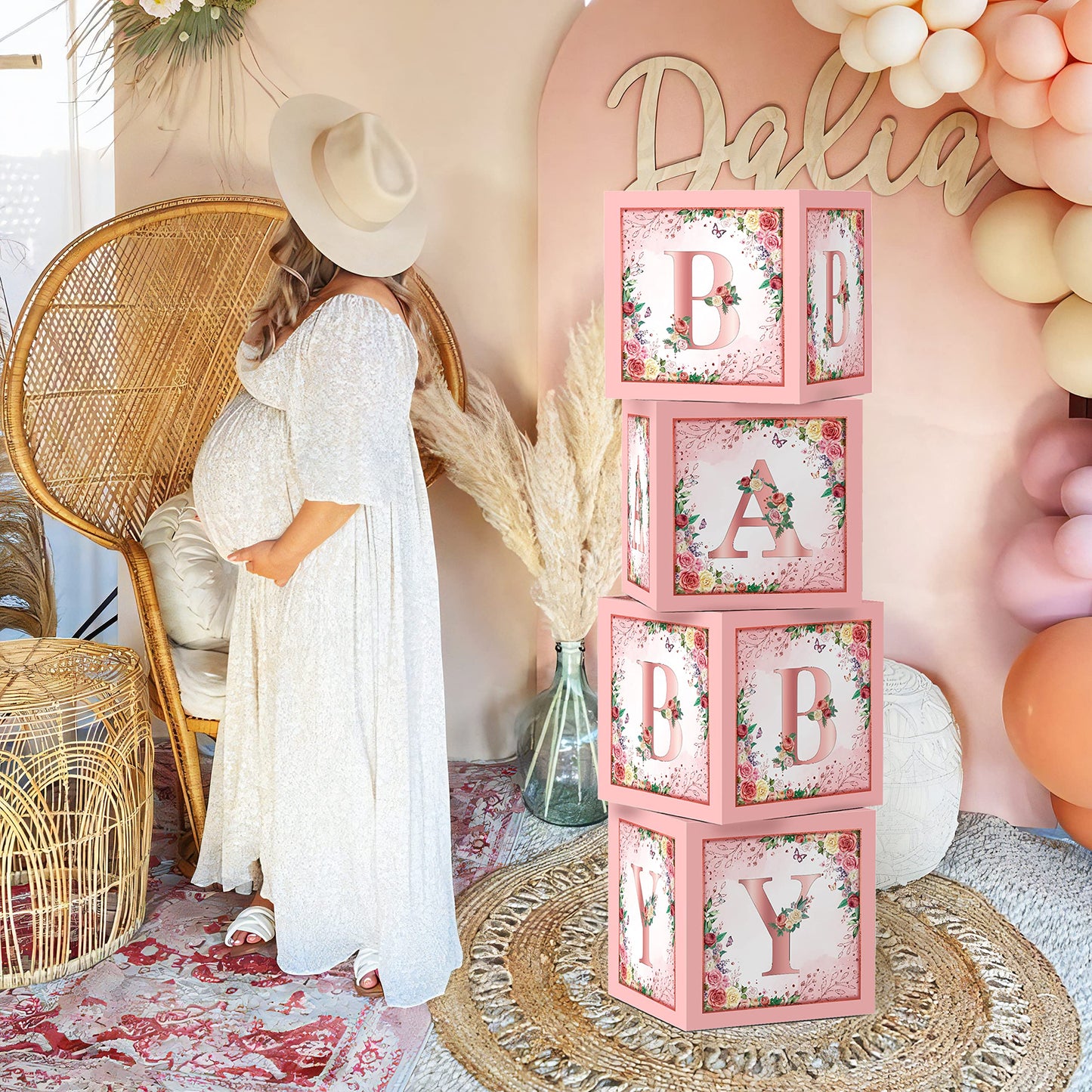 WHYMEO Floral Baby Shower Box – Pink Centerpiece & Rose Gold Blocks for Girls