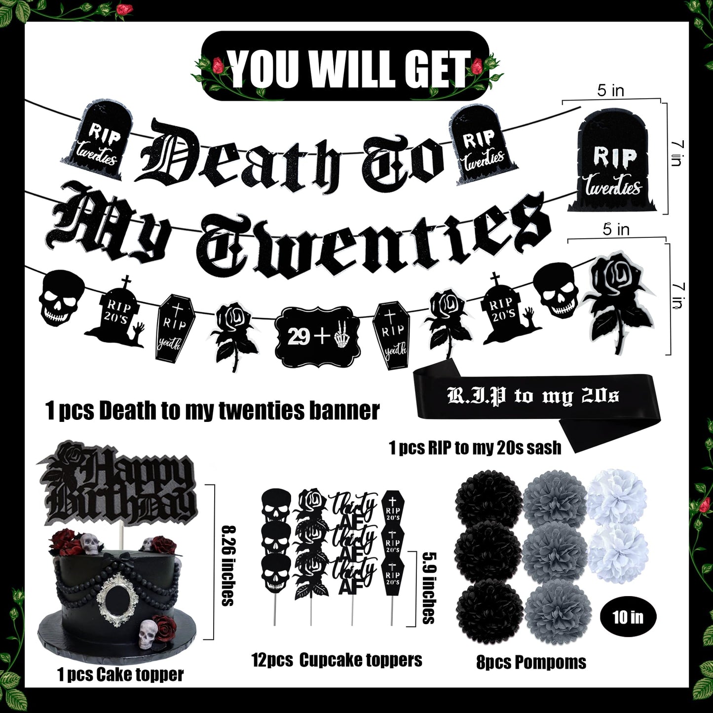 WHYMEO 30th Birthday Decorations Pack – Death to My 20s Party Kit with Banner, Sash, Balloons & Toppers