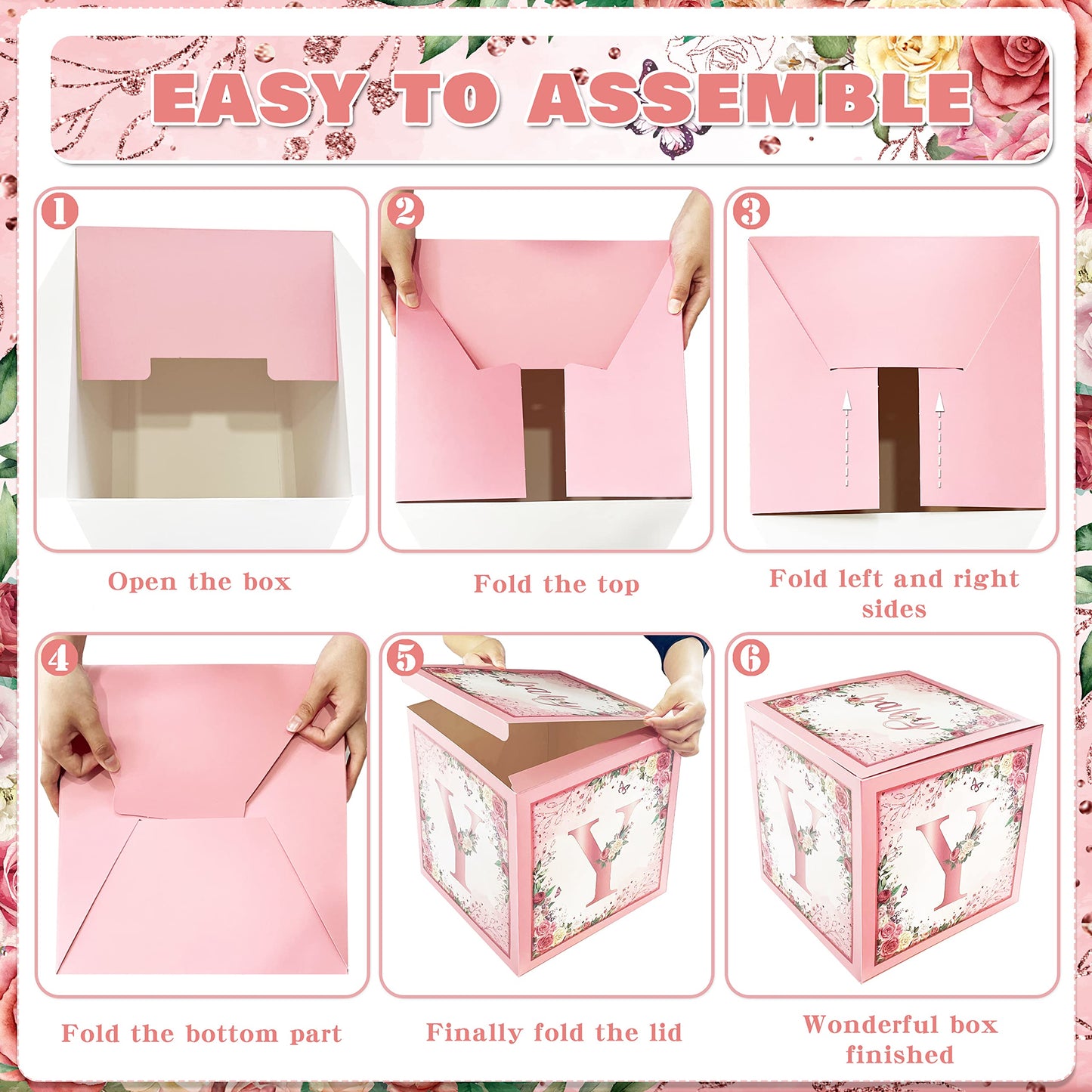WHYMEO Floral Baby Shower Box – Pink Centerpiece & Rose Gold Blocks for Girls
