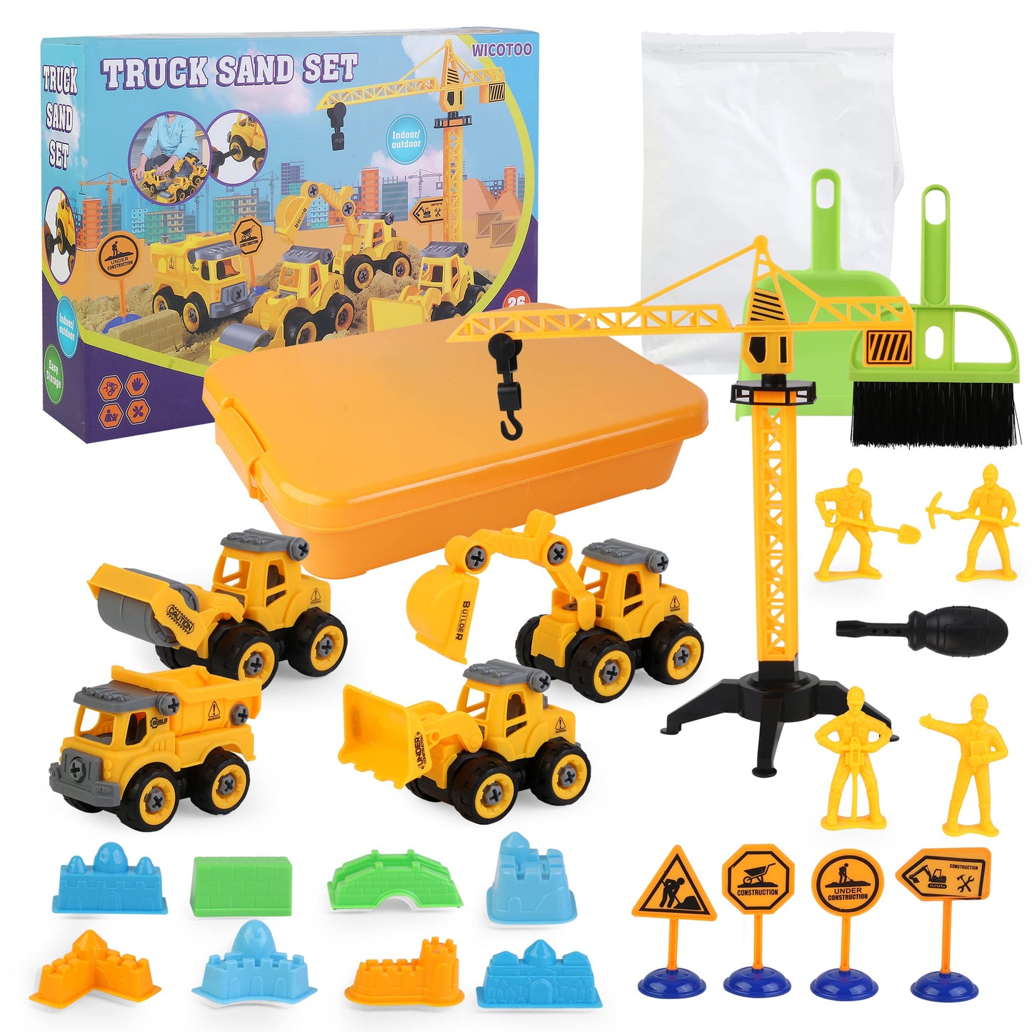 WICOTOO Sand Construction Kit with Magic Sand, 4 Take-Apart Trucks, Tower Crane, 8 Molds (Ages 4–8)