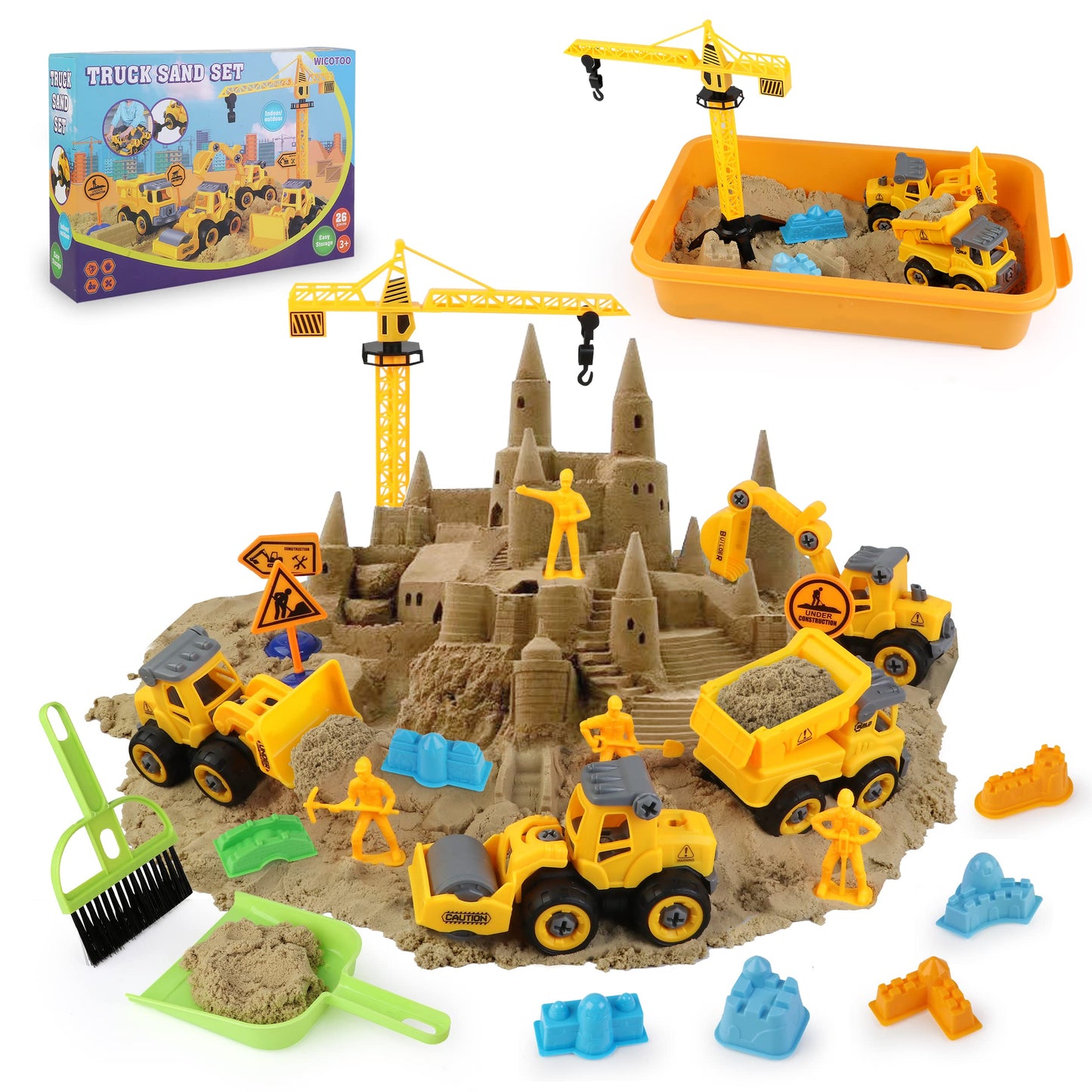 WICOTOO Sand Construction Kit with Magic Sand, 4 Take-Apart Trucks, Tower Crane, 8 Molds (Ages 4–8)
