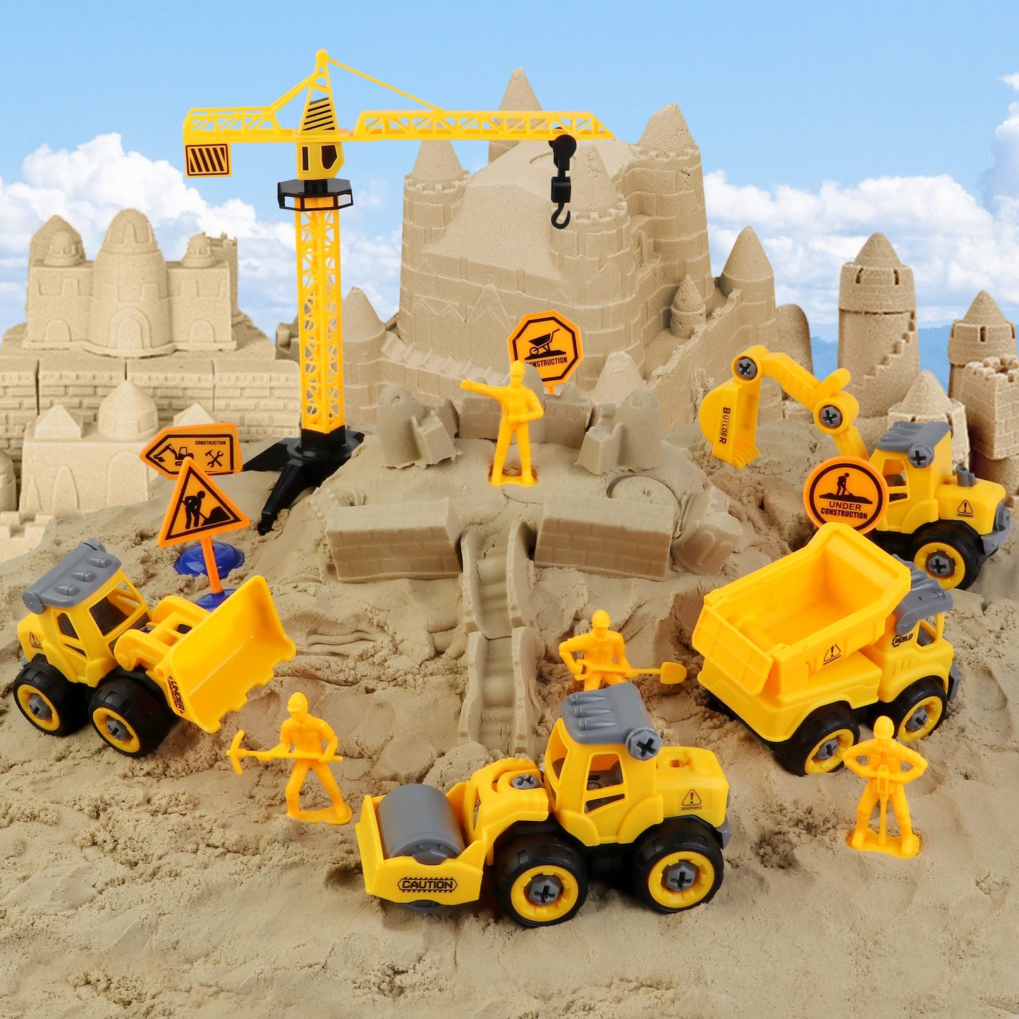 WICOTOO Sand Construction Kit with Magic Sand, 4 Take-Apart Trucks, Tower Crane, 8 Molds (Ages 4–8)