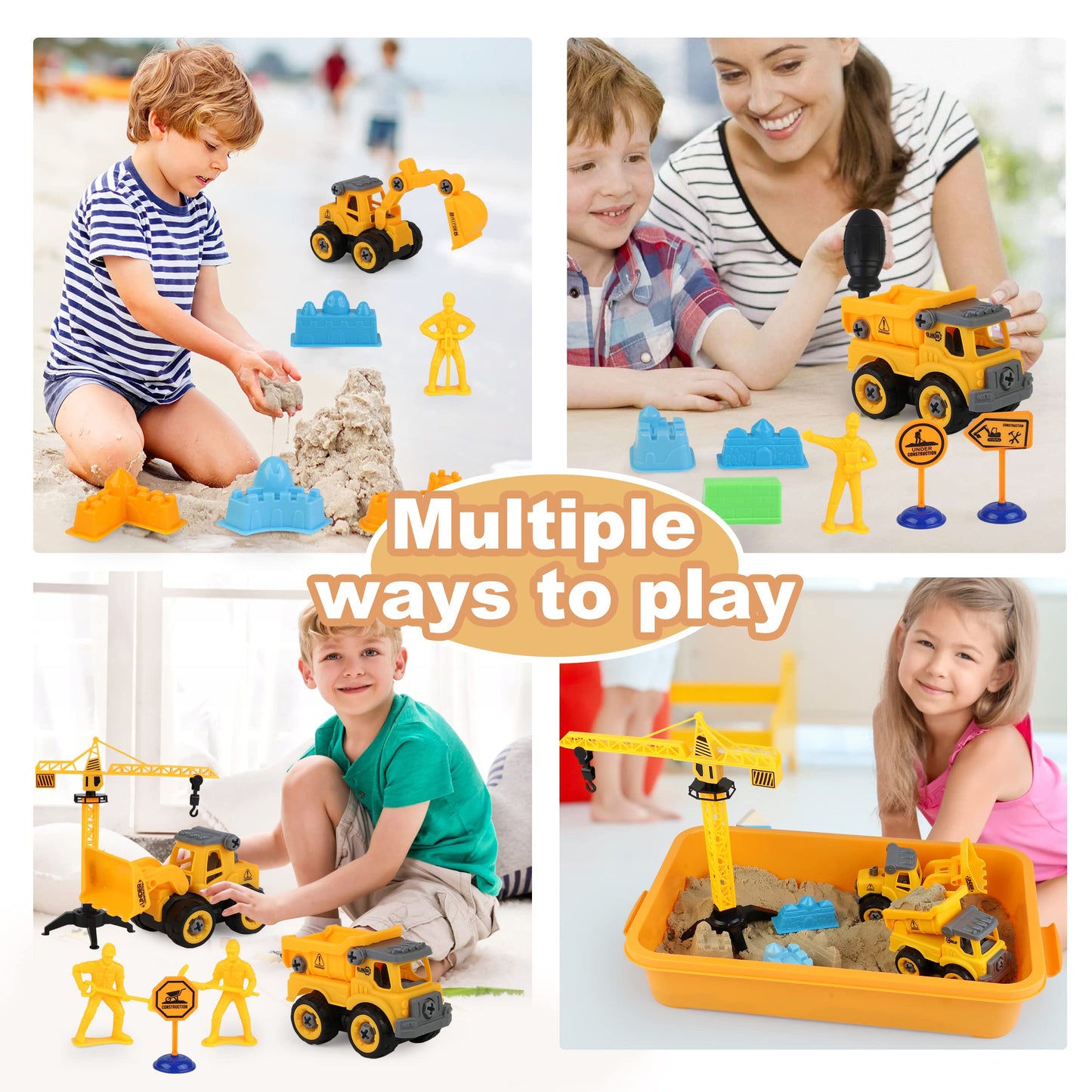 WICOTOO Sand Construction Kit with Magic Sand, 4 Take-Apart Trucks, Tower Crane, 8 Molds (Ages 4–8)