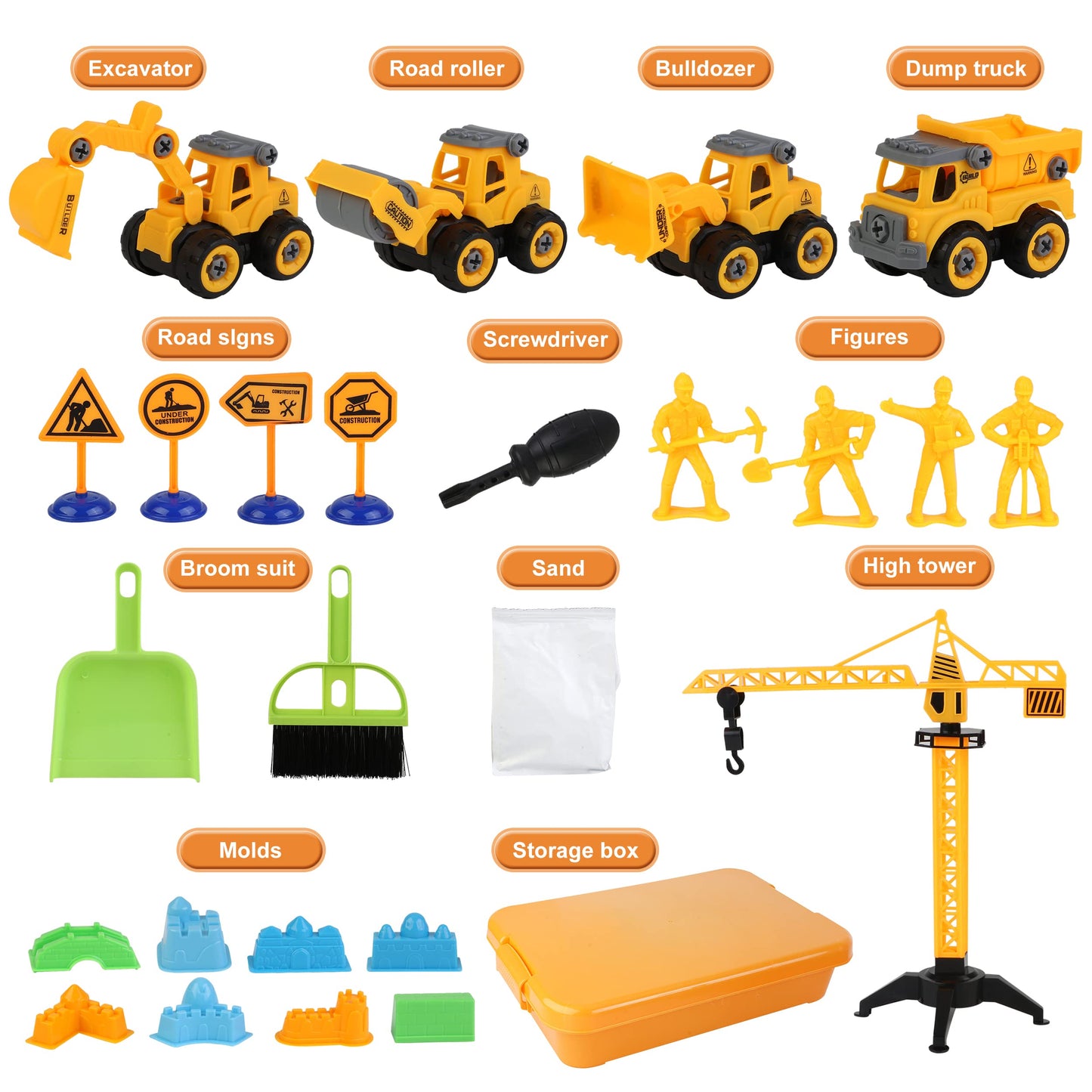 WICOTOO Sand Construction Kit with Magic Sand, 4 Take-Apart Trucks, Tower Crane, 8 Molds (Ages 4–8)