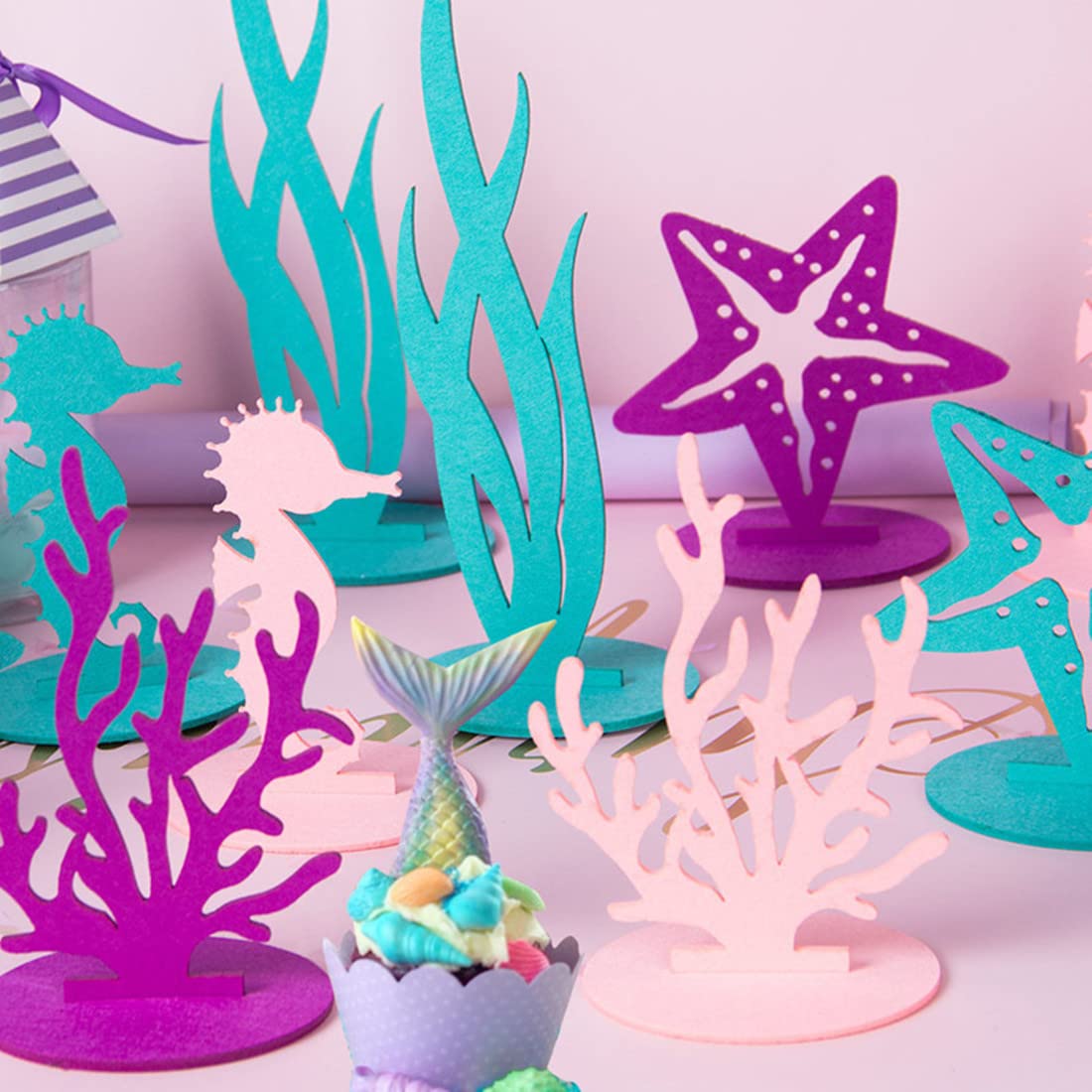 WIDELL 6-Piece Pink Mermaid Felt Table Centerpieces – Under the Sea Party Decorations