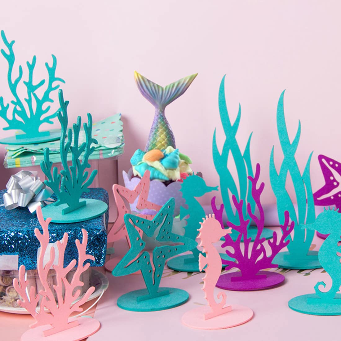 WIDELL 6-Piece Pink Mermaid Felt Table Centerpieces – Under the Sea Party Decorations