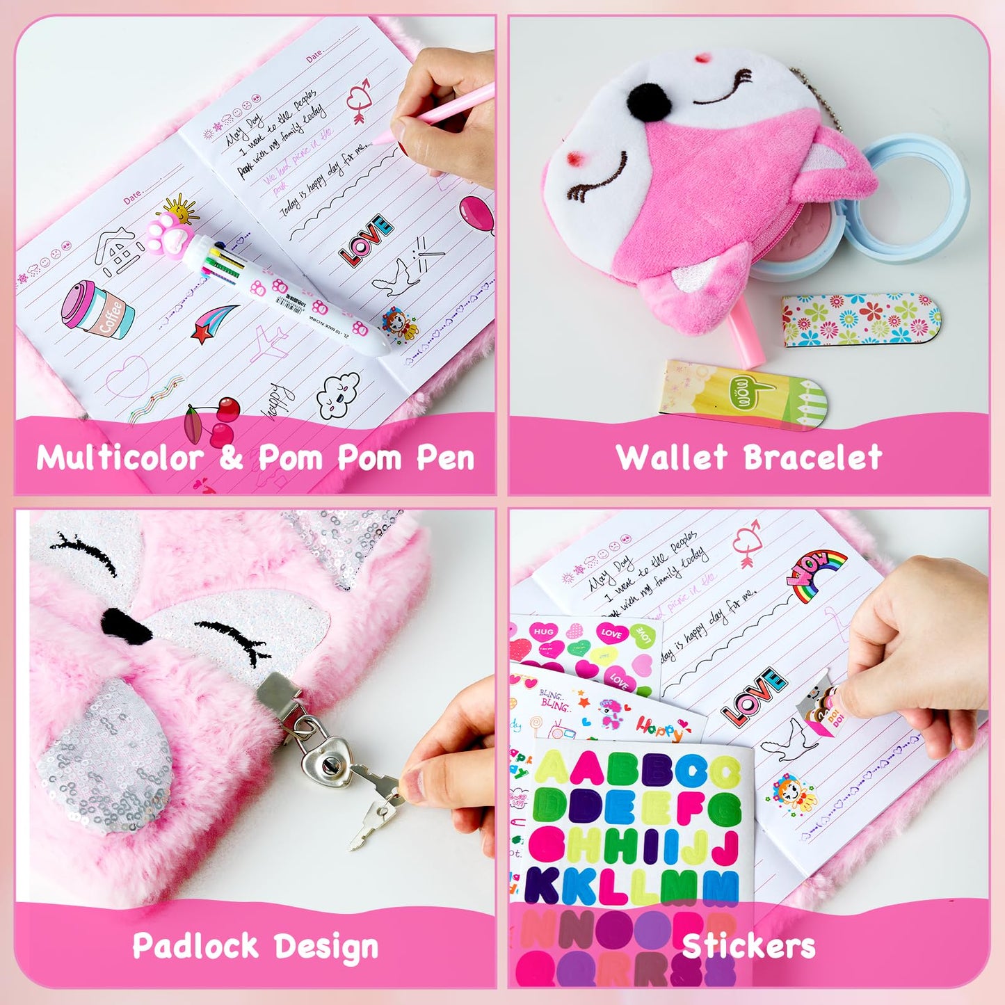 WIEWUSCH Fox Diary with Lock — Gift Journal Kit for Girls (Pink), 6–12 Years