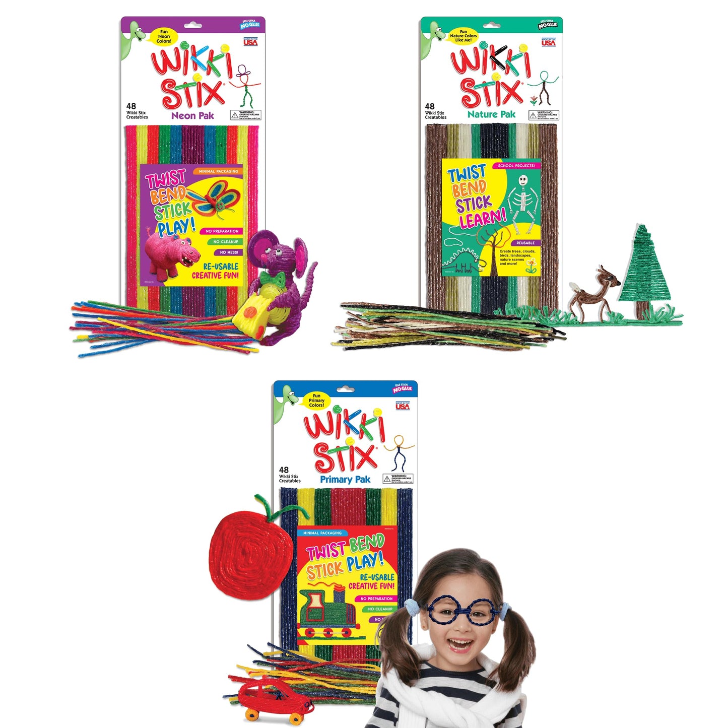 WikkiStix Arts & Crafts Triple Play Pack – 144 Non-Toxic Waxed Yarn Stix, Made in USA