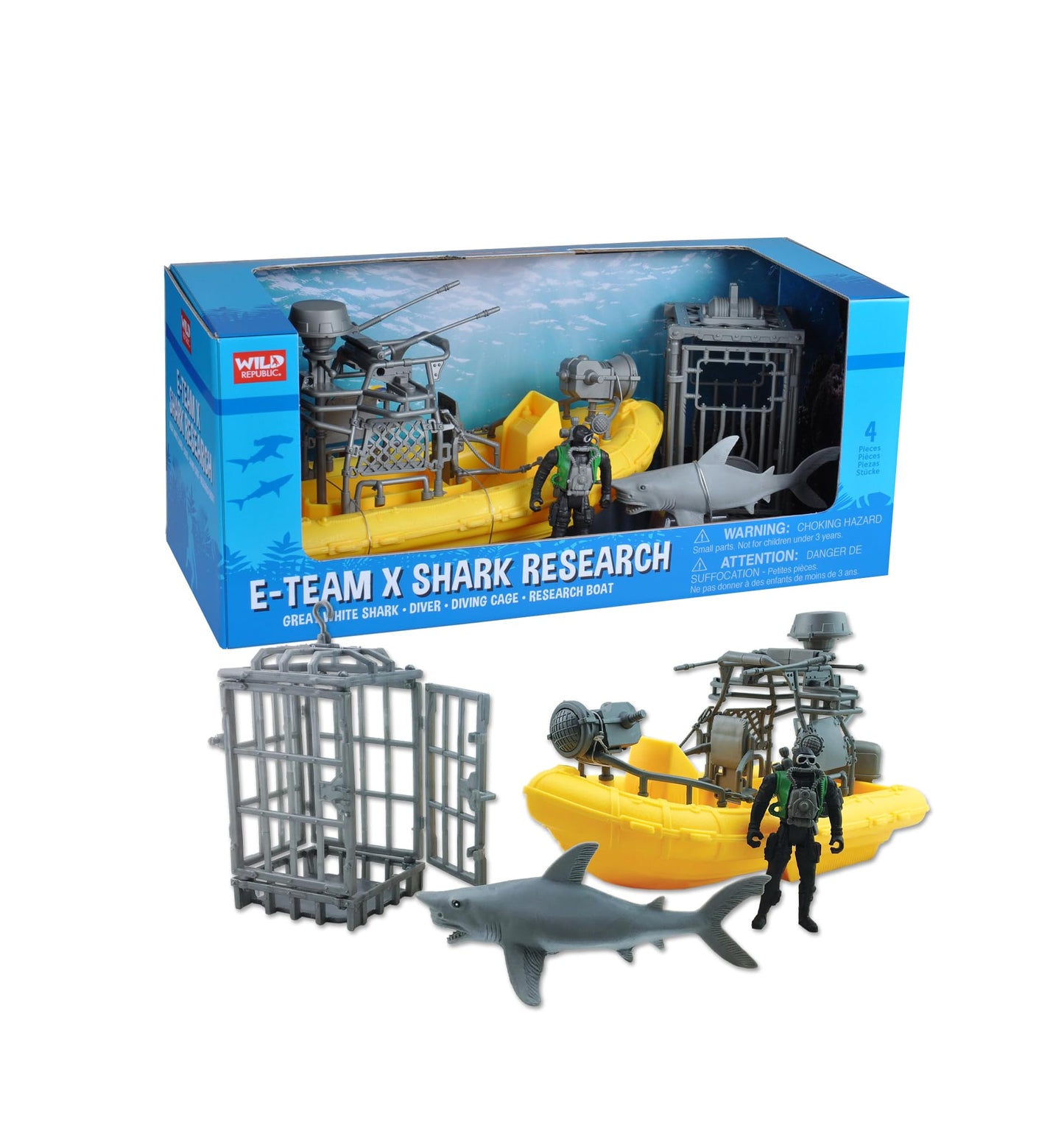 Wild Republic E-Team X Shark Set Playset – 4-Piece Shark Toy, Boat, Cage