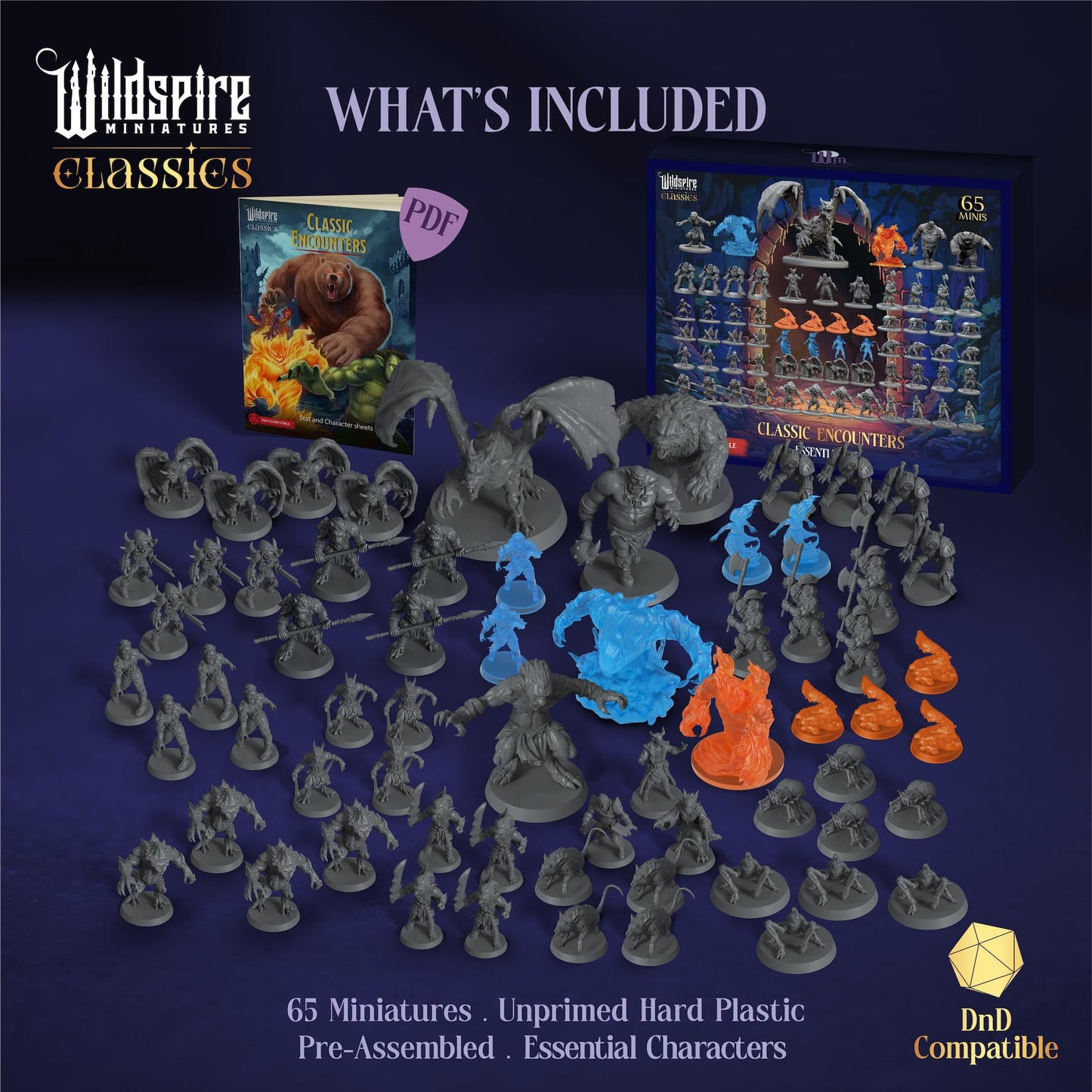 Wildspire Classic Encounters: 65 Iconic DND Miniatures, 28mm, Unpainted