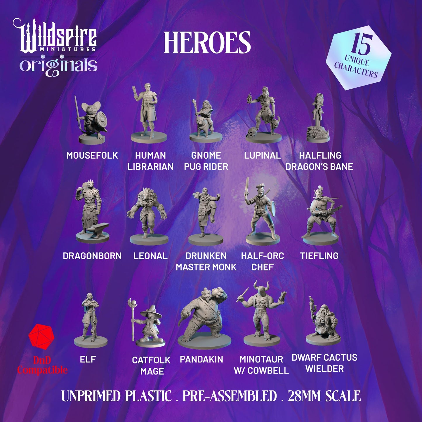 Wildspire Hero Miniatures – 15 Unpainted 28–32mm D&D Figures | PCs & NPCs