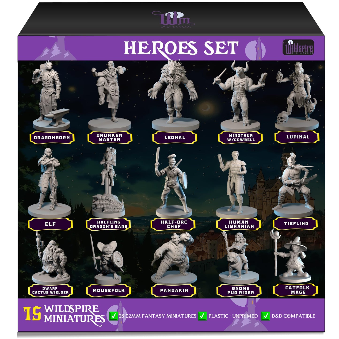 Wildspire Hero Miniatures – 15 Unpainted 28–32mm D&D Figures | PCs & NPCs