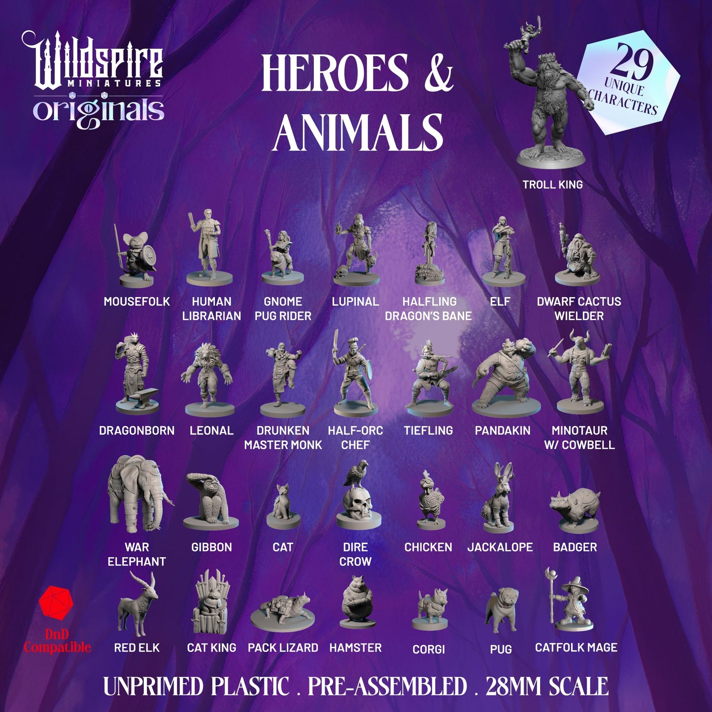 Wildspire Heroes Miniatures – 29-Piece Bulk D&D 28–32mm NPCs, Troll King & Animal Companions